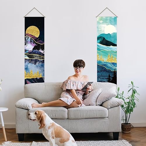 Miniatura 6 de AHANDMAKER 2 tapices de montaña, sol, luna, montaña, río, tapiz largo vertical para colgar en la pared, tapiz de bosque y lago, tapiz de paisaje