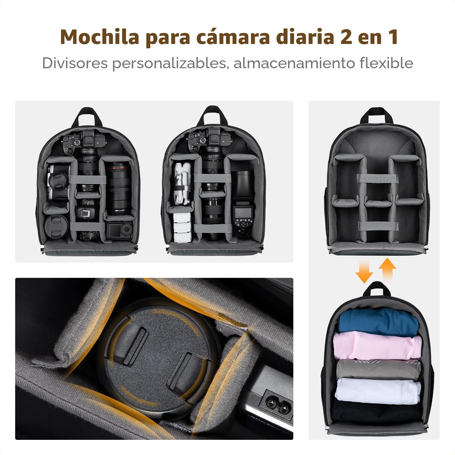 K&F CONCEPT Mochila Camara Fotos 13L, Ligera e Impermeable, Camera Bag, Mochila de Cámara, Compatible con Sony Canon Nikon, Incluye Bolsillos Frontales y Porta Trípode, Negro Mate