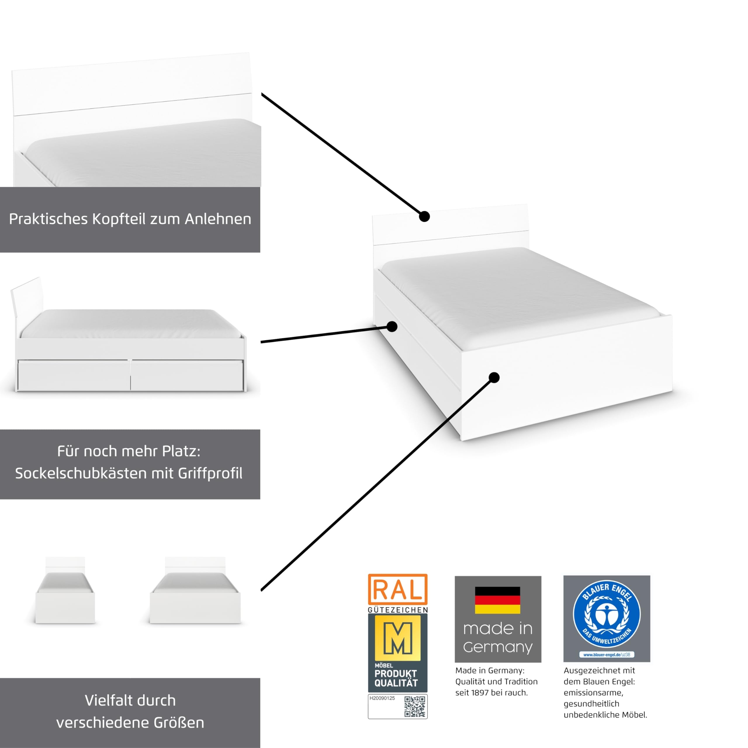 Rauch Möbel Joel, Bett, Farbe Weiß, Maße 145x90x209 cm | Doppelbett, Stauraumbett, mit 2 Stauraumschubladen, für Schlafzimmer, Jugendzimmer, Gästezimmer, Liegefläche 140x200 cm