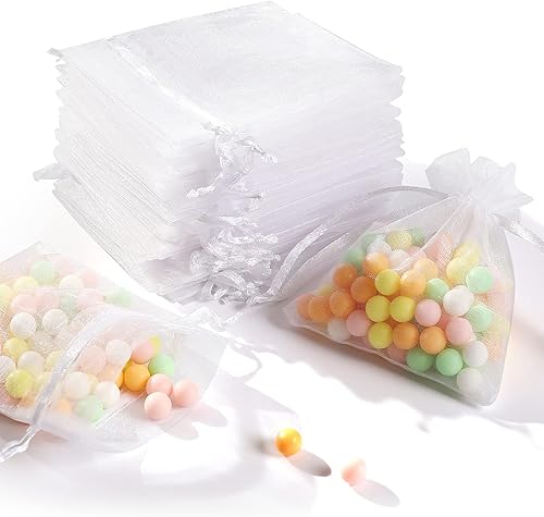 Miniatura 1 de ENNIYU Bolsas de organza transparente, bolsas de recuerdo de fiesta de boda de 3 x 4 con cordón, bolsas de regalo de malla blanca para regalos