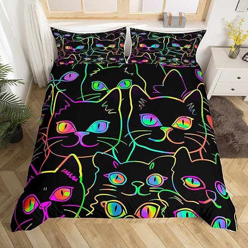 Erosebridal Funda de edredón de gato de dibujos animados tamaño King, juego de ropa de cama fluorescente Kawaii gatito, bonita funda de edredón con