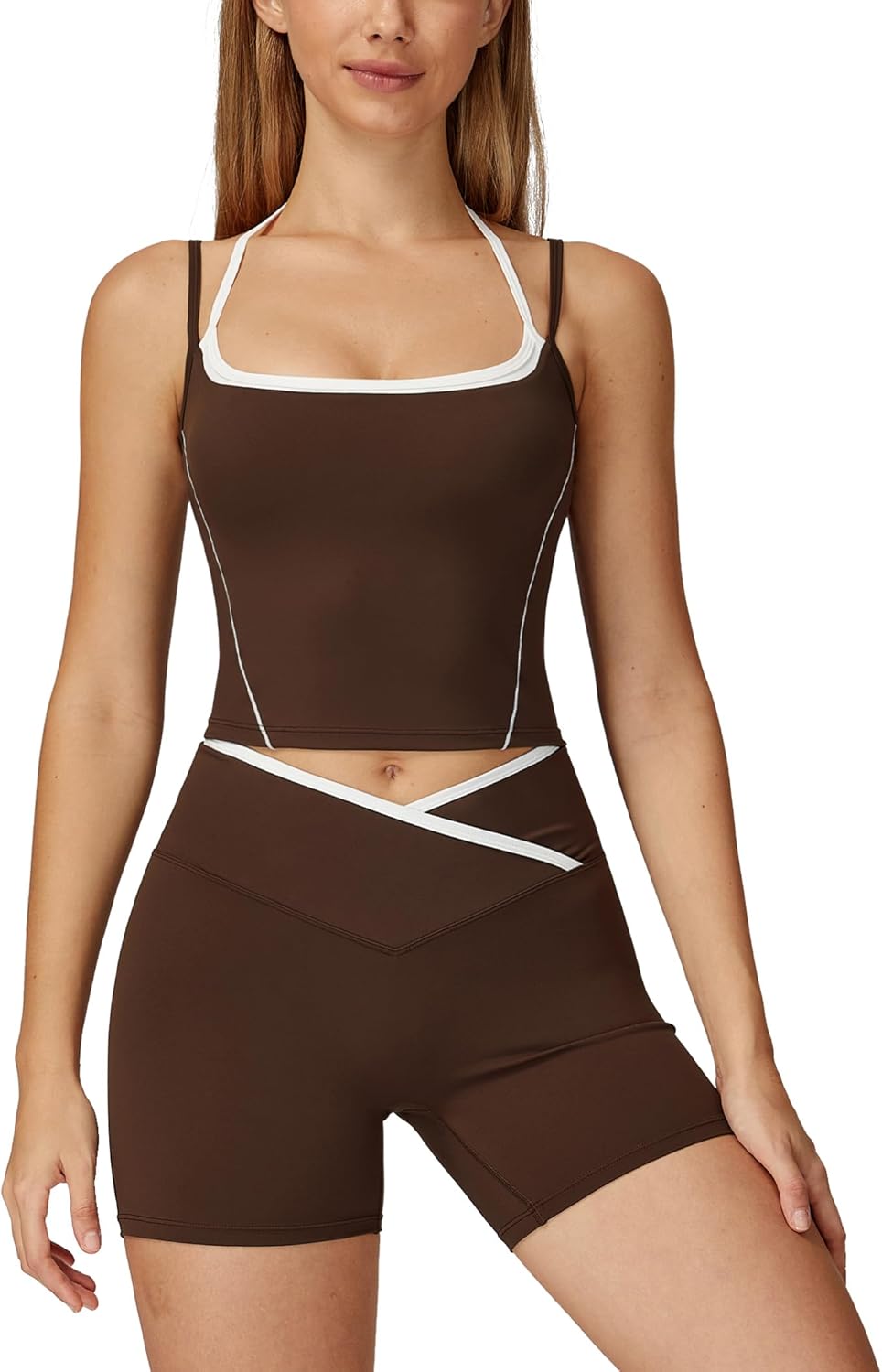 ABOCIW Workout Sets for Women 2 Piece Color Block Layered Cropped Tank Top Crossover High Waist Biker Shorts Gym Sets