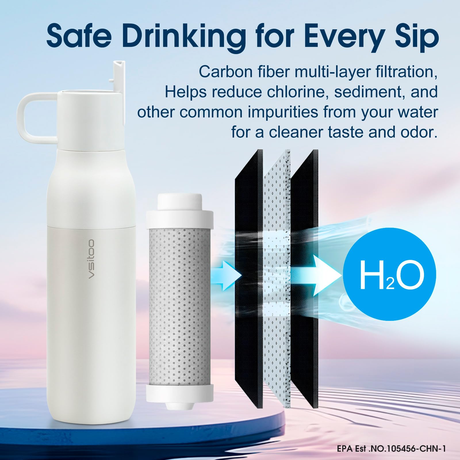 vsitoo Botella de agua filtrante de fibra de carbono de 25 onzas, botellas de agua aisladas de acero inoxidable con filtro, botella de agua filtrante sin BPA, reemplaza a 300 botellas de agua de