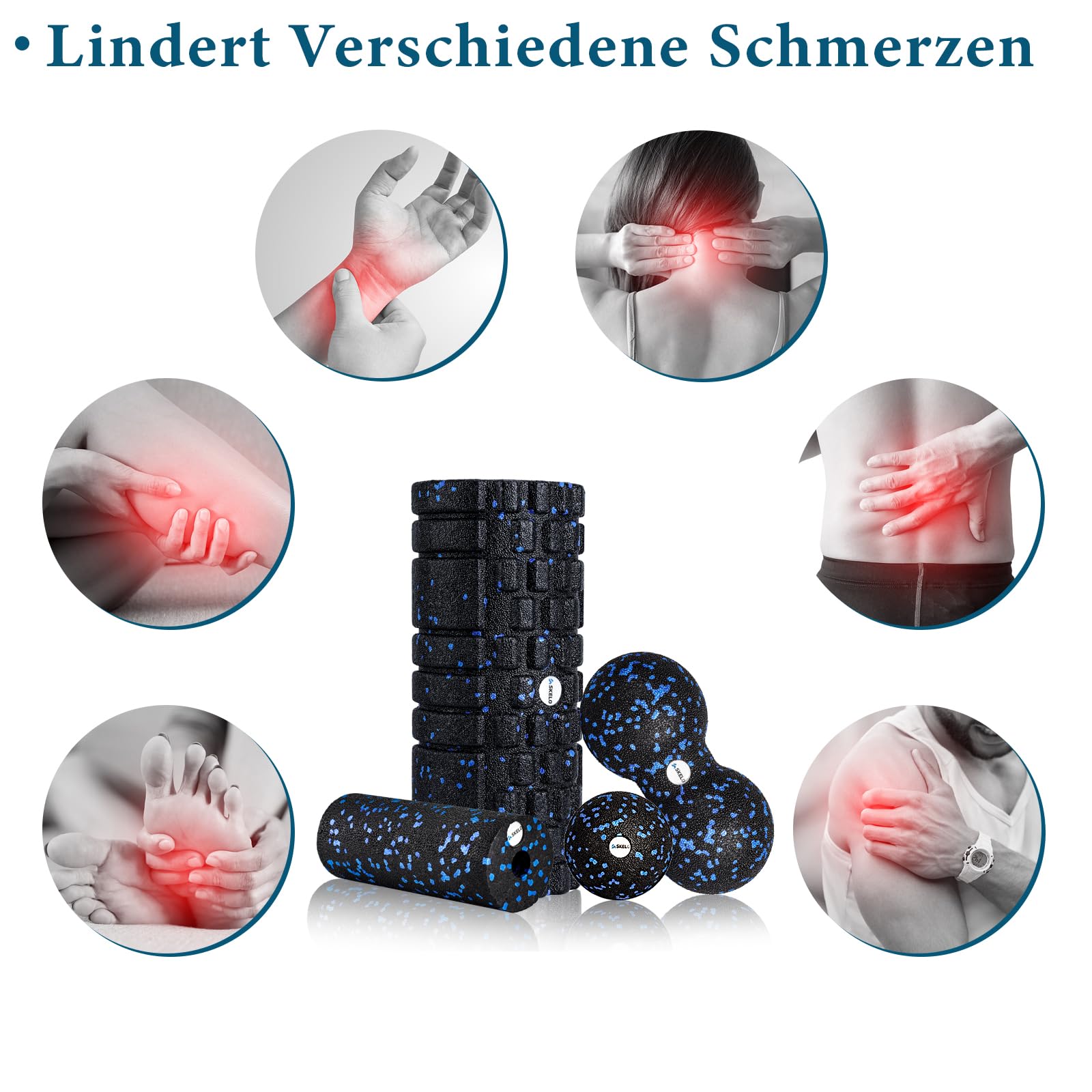 skelo Faszienrolle Set, Bestehend aus Faszienrolle mit 3D-Textur-Massage/Mini-Faszienrolle/Faszienball und Duoball Faszien, Foam Roller für Yoga, Muskelmassage, Bindegewebsstoffwechsel, mit Poster
