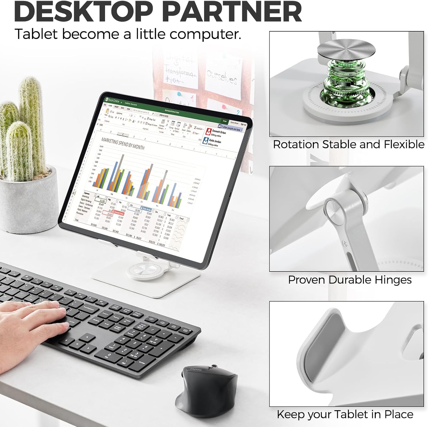 Tablet Stand for Desk, Adjustable Monitor Stand with 360° Rotating Base, Portable Tablet Stand Holder for iPad Pro, Galaxy Tab, Mobile Phone(White)
