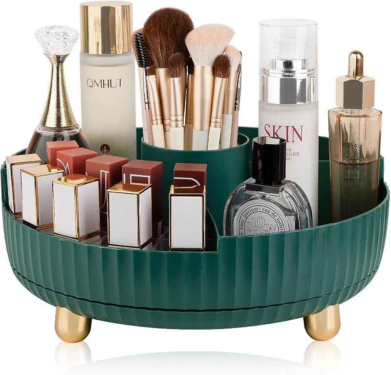 360 Rotating Makeup Perfume Organizer Skincare with Divider, Large Teal Green