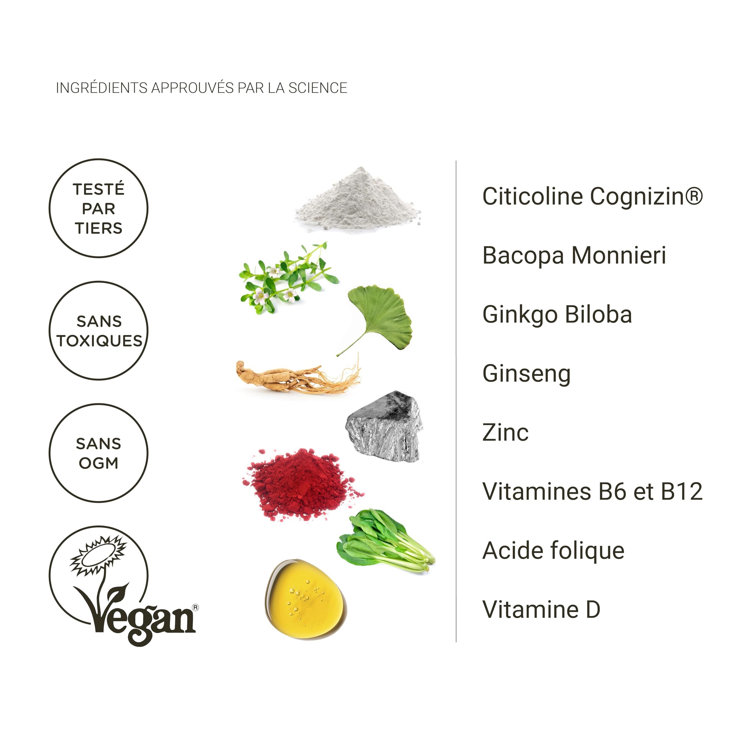 Nullure Nootropique Mémoire et Concentration | Stimulant Cognitif · Énergie · Vivacité Mentale | Citicoline COGNIZIN + Ginkgo Biloba 6000mg + Bacopa Monnieri + Ginseng + Zinc | Sans Caféine | 60 cps.