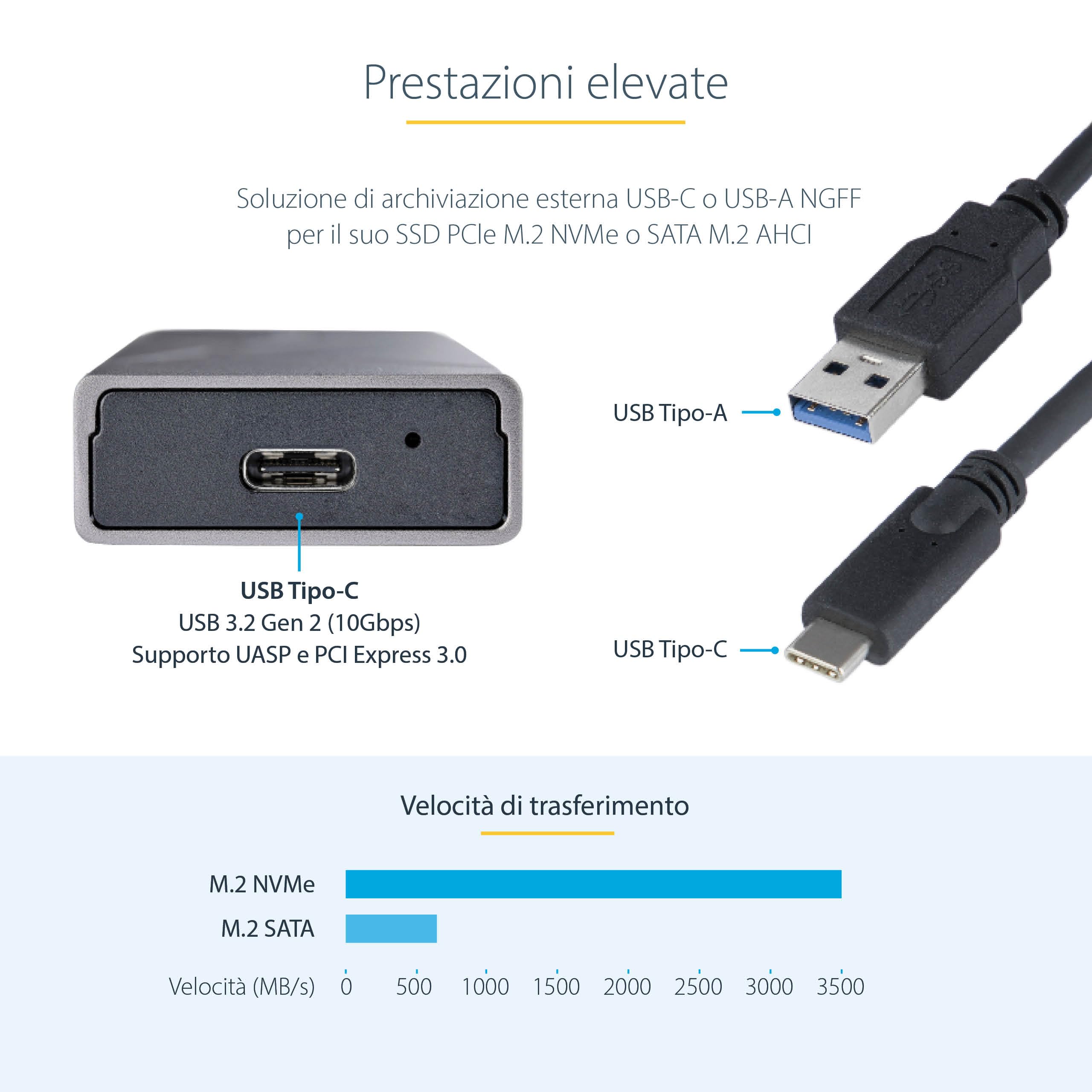 StarTech Box SSD M.2 NVMe o SATA, USB-C 10Gbps (M2-USB-C-NVME-SATA) | Include Cavi USB-C e USB-A, Supporta 2230/2242/2260/2280, Case in Alluminio