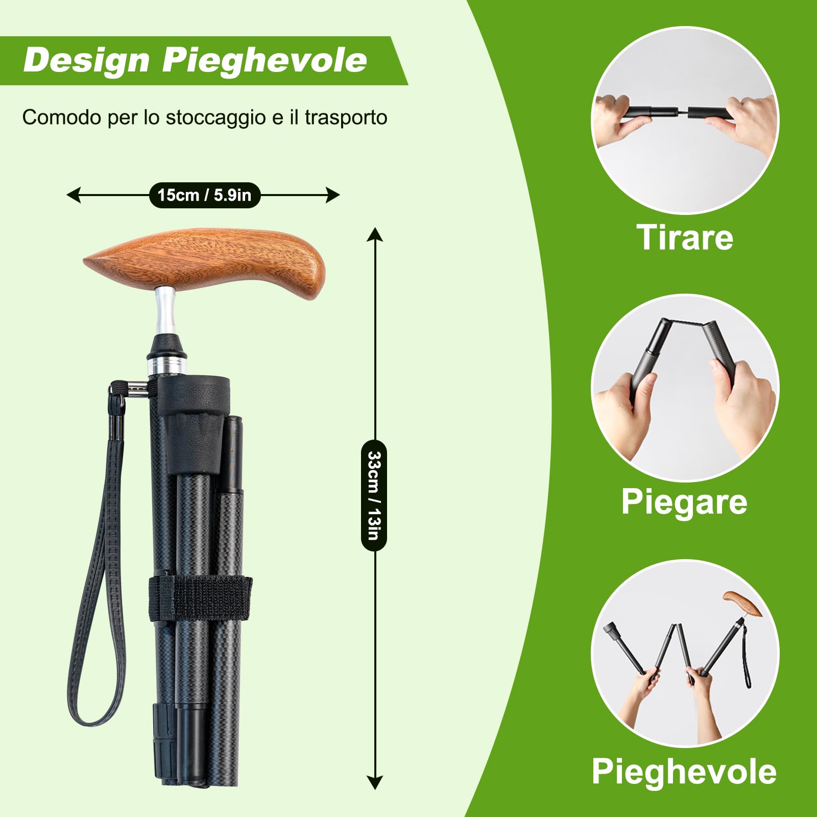 Bastone da Passeggio in Fibra di Carbonio Leggero con Borsa, Punta in Gomma Antiscivolo e Ammortizzante (Incluse 2 Punte di Ricambio), Pieghevole e Regolabile In altezza