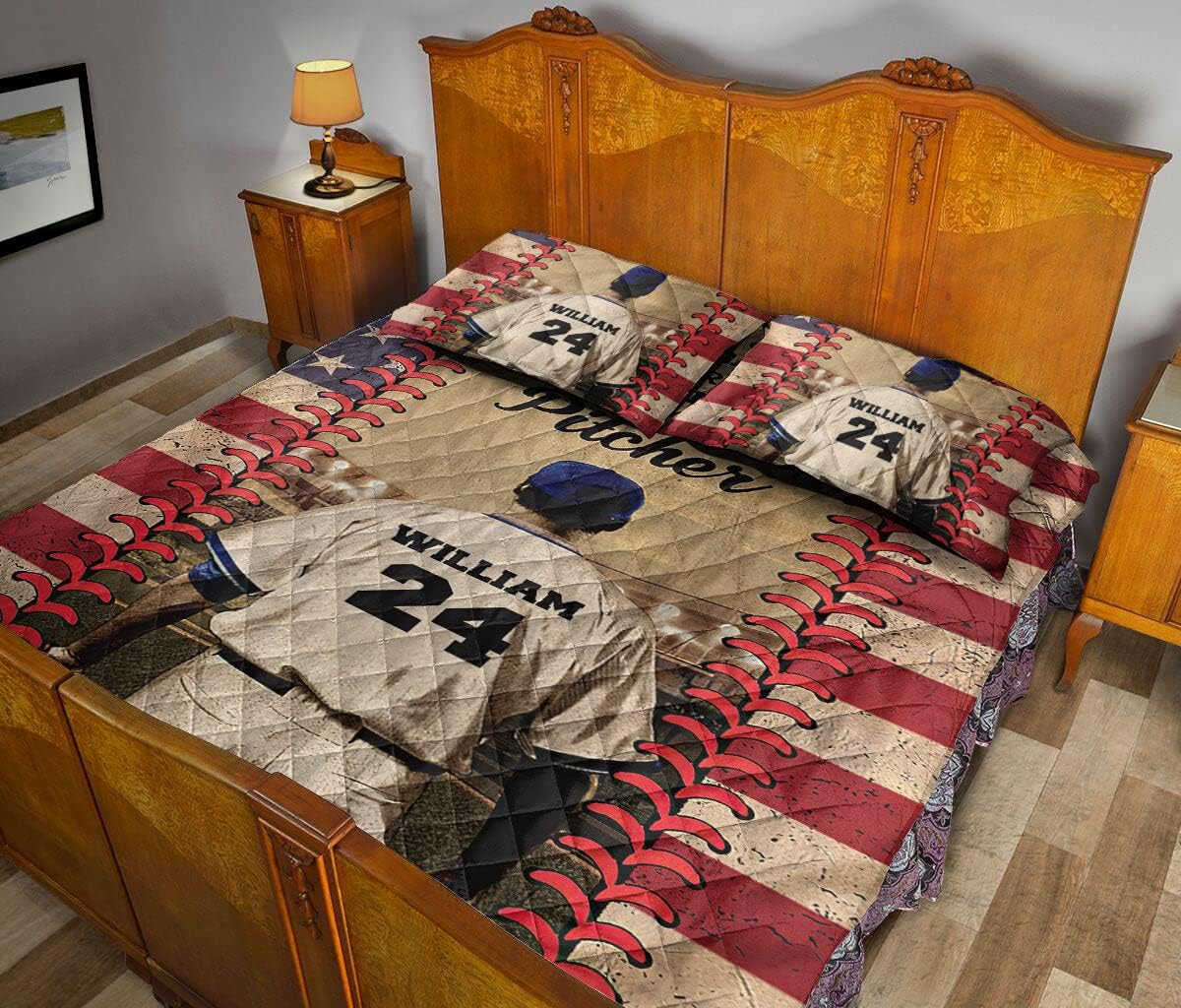 Personalized Baseball Quilt Set, Baseball Pitcher Boy Quilt Blanket with Pillowcases, Custom Name and Number Quilt Bedding Set, Sports Gifts MLANH1375