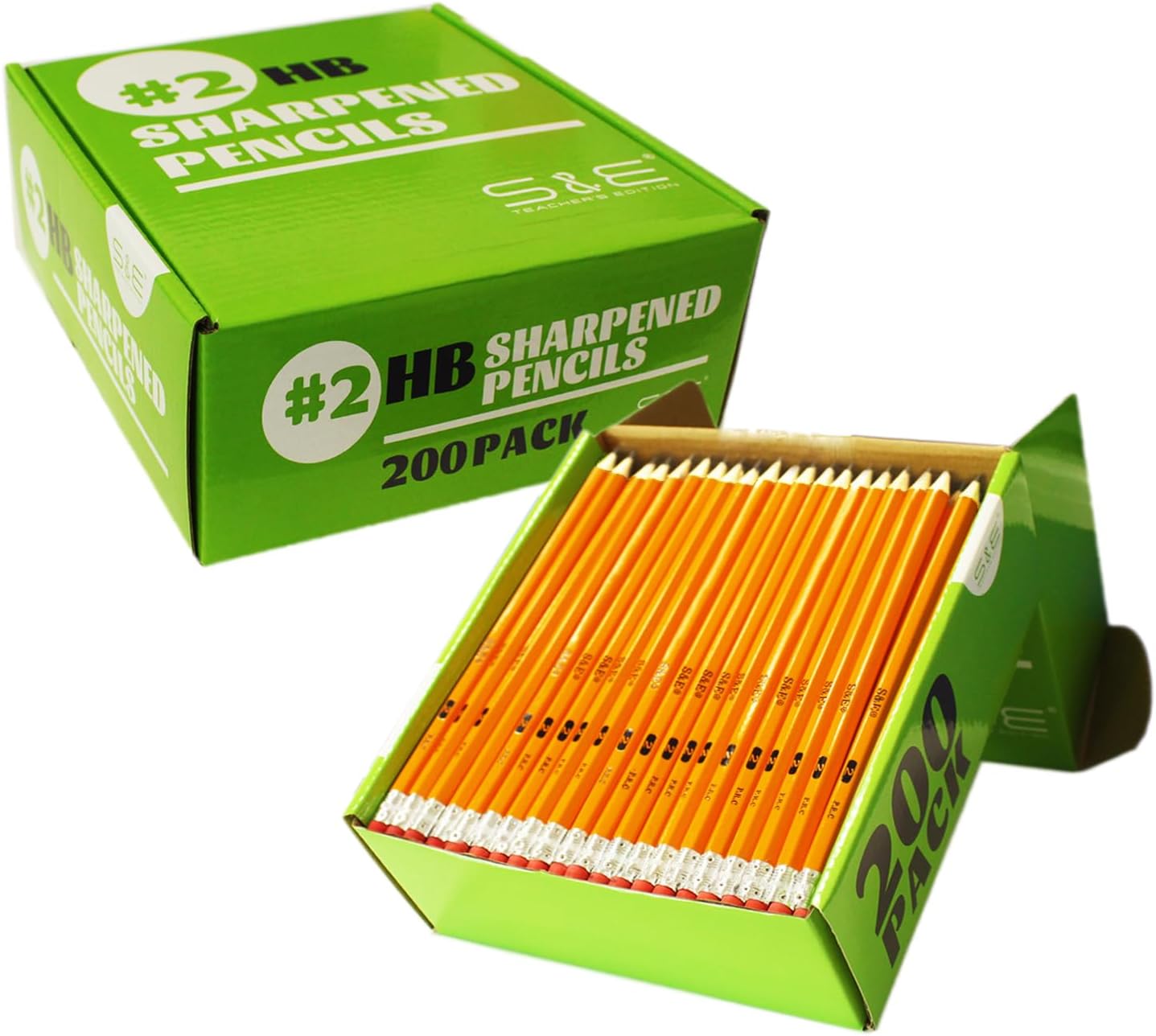 Woodcased #2 Pencils, Pre-sharpened, HB Lead Bulk Box, Pencils No. 2, Yellow, with Erasers, Back to school, 200 Pcs