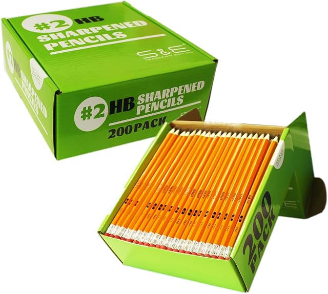S & E TEACHER'S EDITION #2 Pencils, 200 Pack | Pre-sharpened, HB Lead Bulk Box, With Erasers, Ideal for Standardized Tests, Classroom & Home, No. 2 Pencil Back to School