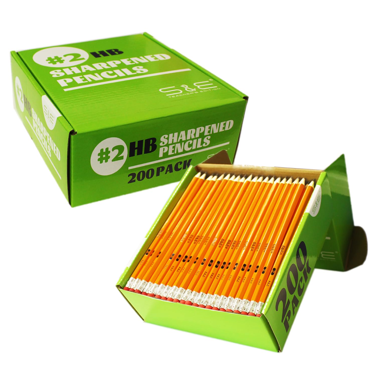 S & E TEACHER'S EDITION Woodcased #2 Pencils, Pre-sharpened, HB Lead Bulk Box, Pencils No. 2, Yellow, with Erasers, Back to school, 200 Pcs