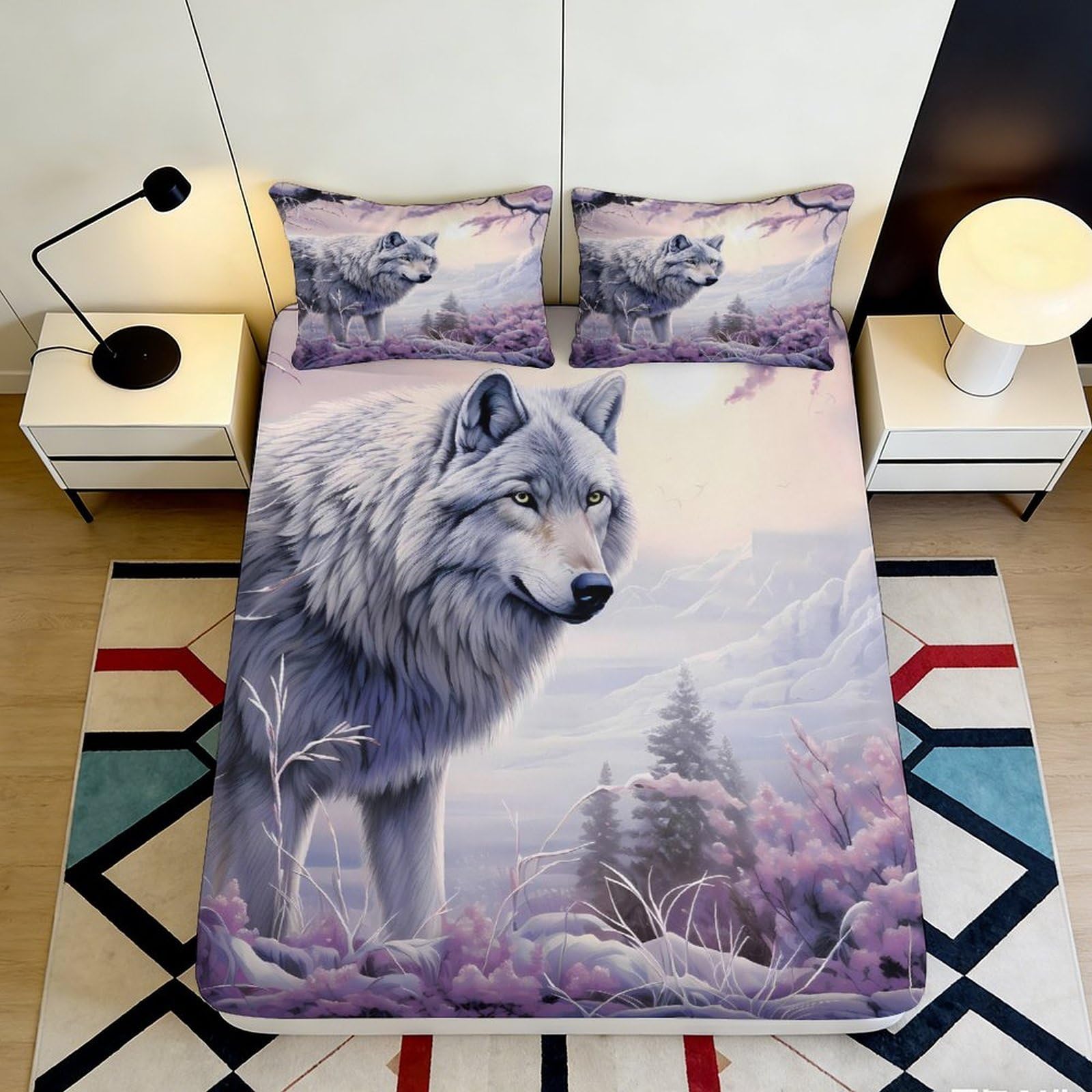 3D Printed Wolf Snow Mountain Fitted Sheet Microfiber Anti-Slip Easy Care Mattress Cover Bedroom Decor 120x200cm 90x200x25cm