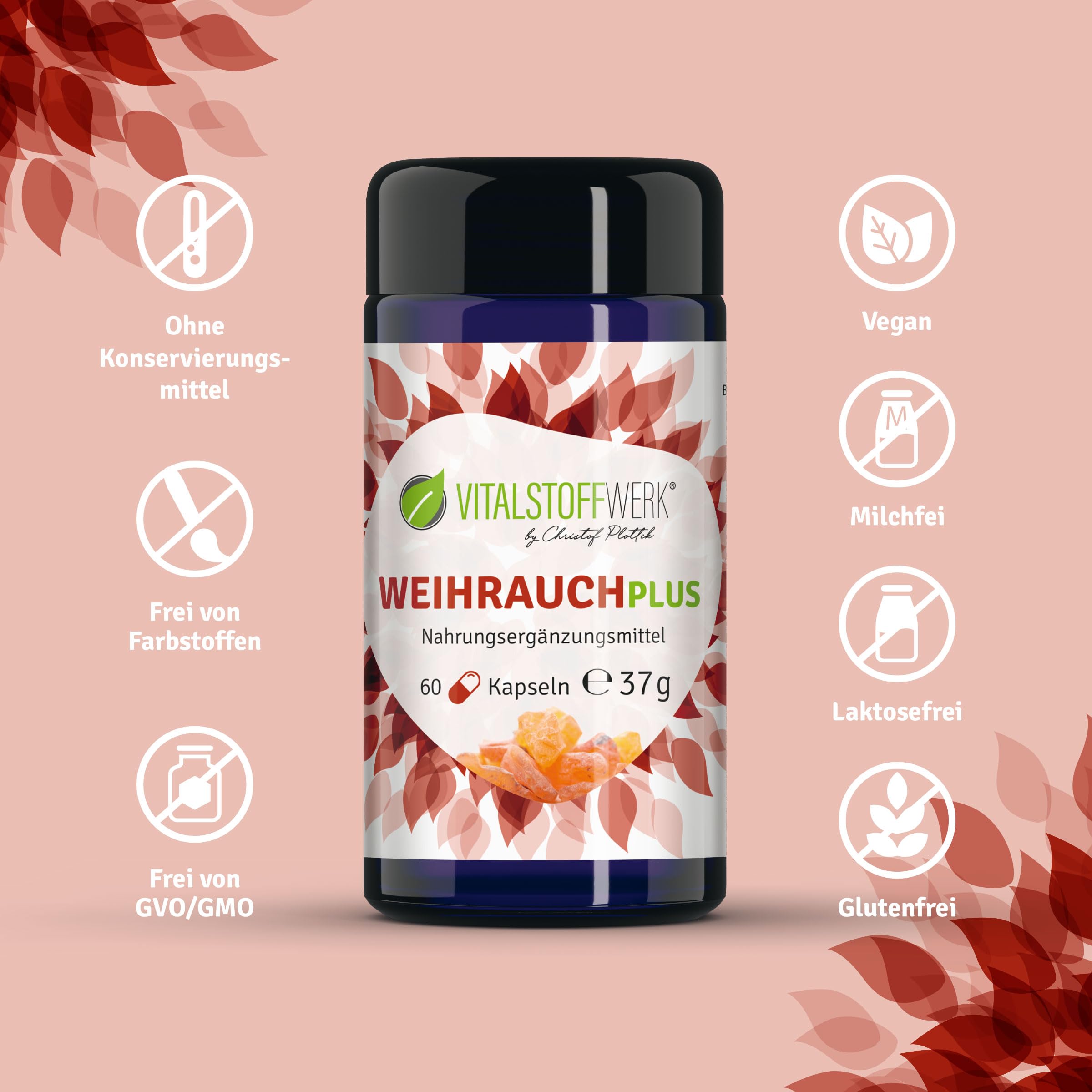 Weihrauch Plus VITALSTOFFWERK®, 60 Kapseln aus indischem Boswellia Extrakt, hochkonzentrierte pure Natur, Weihrauch zum Einnehmen 335 mg Boswelliaextrakt pro Kapsel