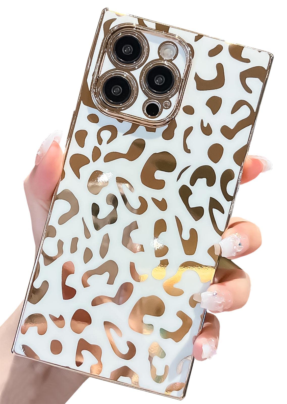 KERZZIL Elegant Compatible with iPhone 15 Pro Max Rectangle Edge Case, Cute Luxury Leopard Pattern Plating Case Camera Protector Soft TPU Shockproof