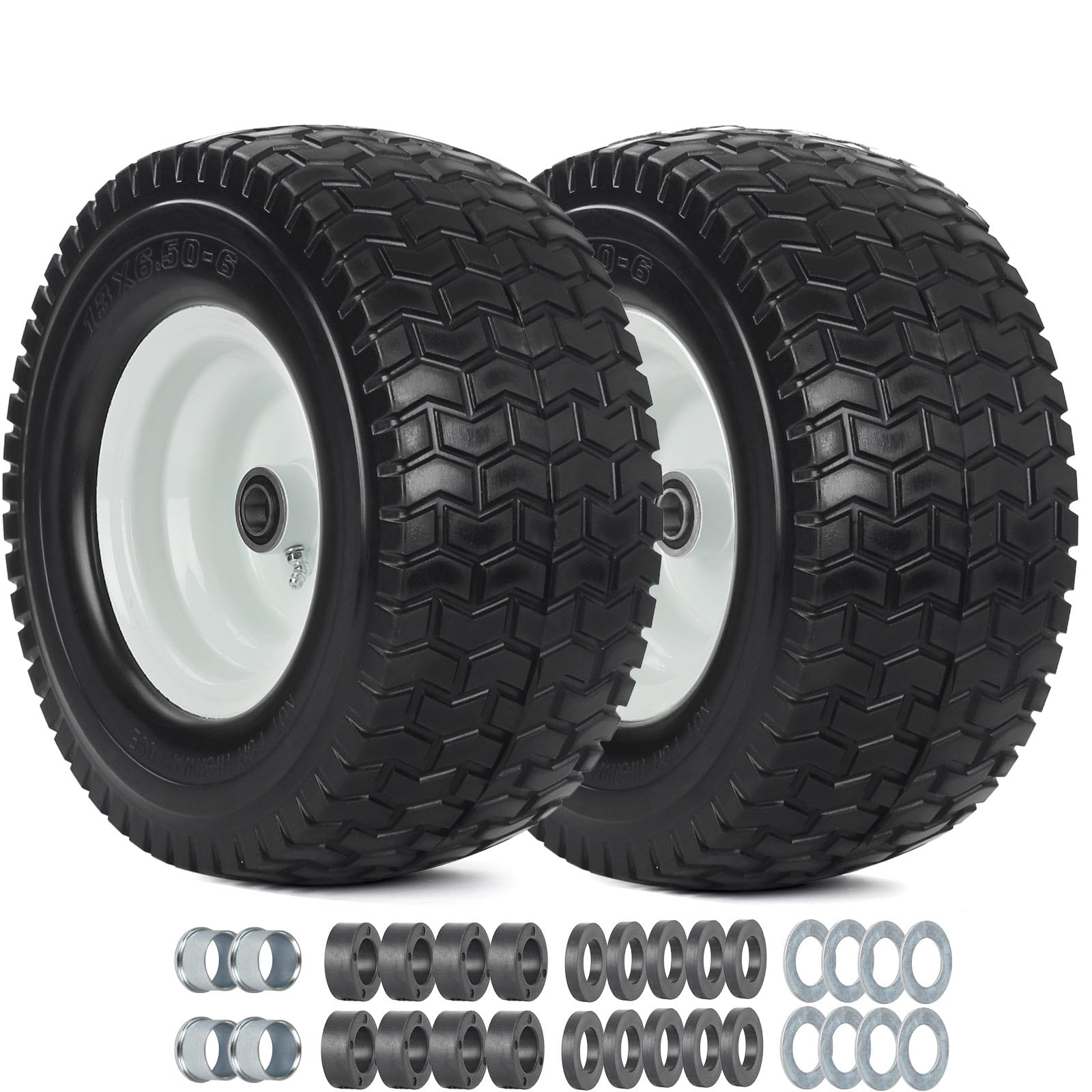 gicool 13x6.50-6 tire and wheel, 13x6.5-6" flat-free lawn mower tires, 3”-6.5“ centered hub, 3/4" or 5/8" bearing, universal fit garden tractor front wheels, 4 ply, v-turf pattern, 2 pack