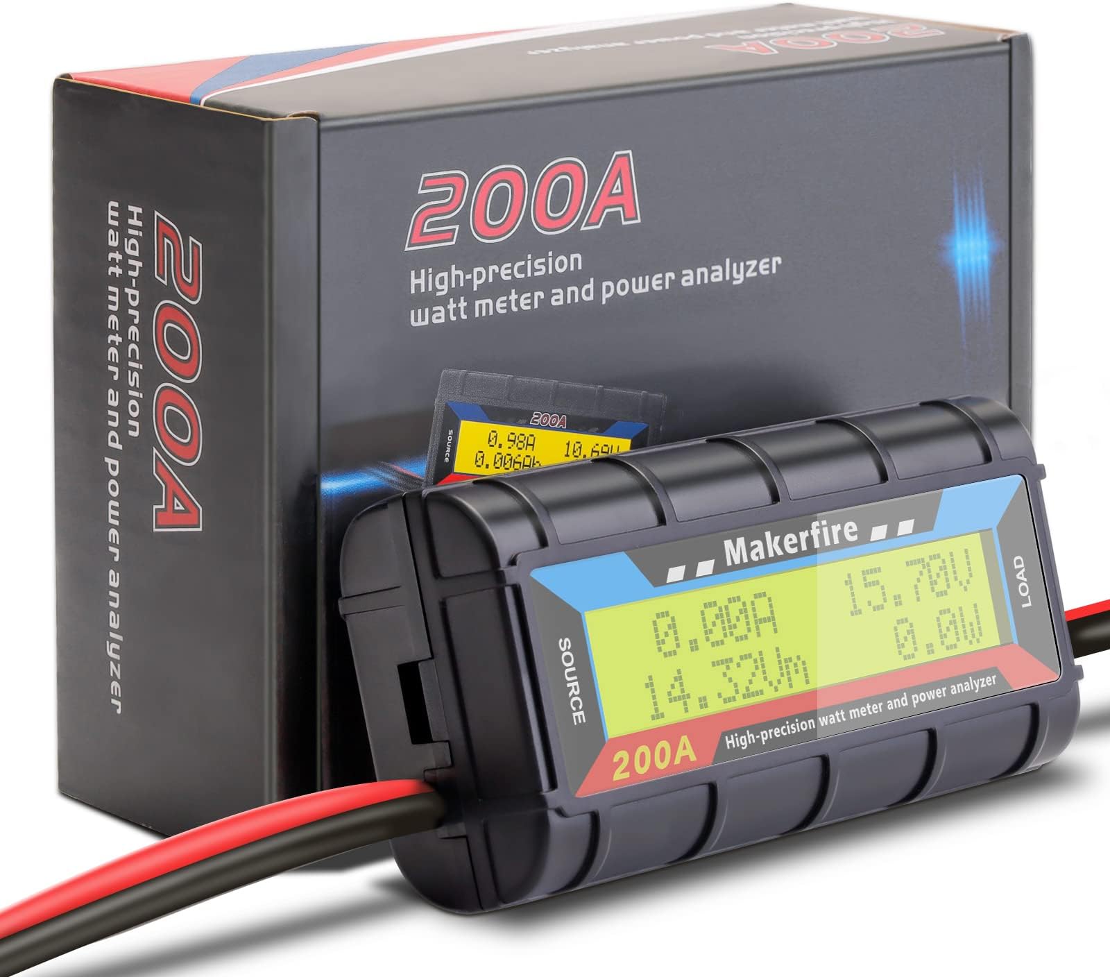 Makerfire 200A Upgraded Watt Meter with Longer Wire, High Precision Power Analyzer Battery Testers Voltage Amp Consumption Performance Monitor with LCD Backlight Screen for RC,Solar,Wind Power,Ebike