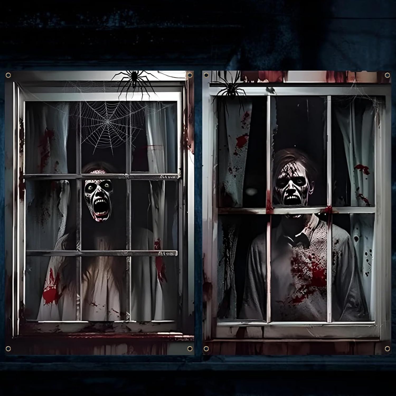 Sel Natural 2 Pcs Halloween Window Decorations Curtain Scary Window Silhouette Poster Cover Decorations for Indoor Outdoor Wall Door Decor (Blood Ghost, 31" W x 47" L (Pack of 2))