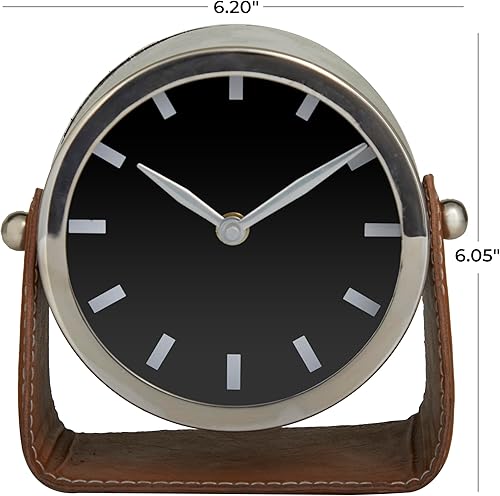 Miniatura 6 de Deco 79 Reloj de acero inoxidable con soporte de cuero, 6" x 3" x 6", plateado