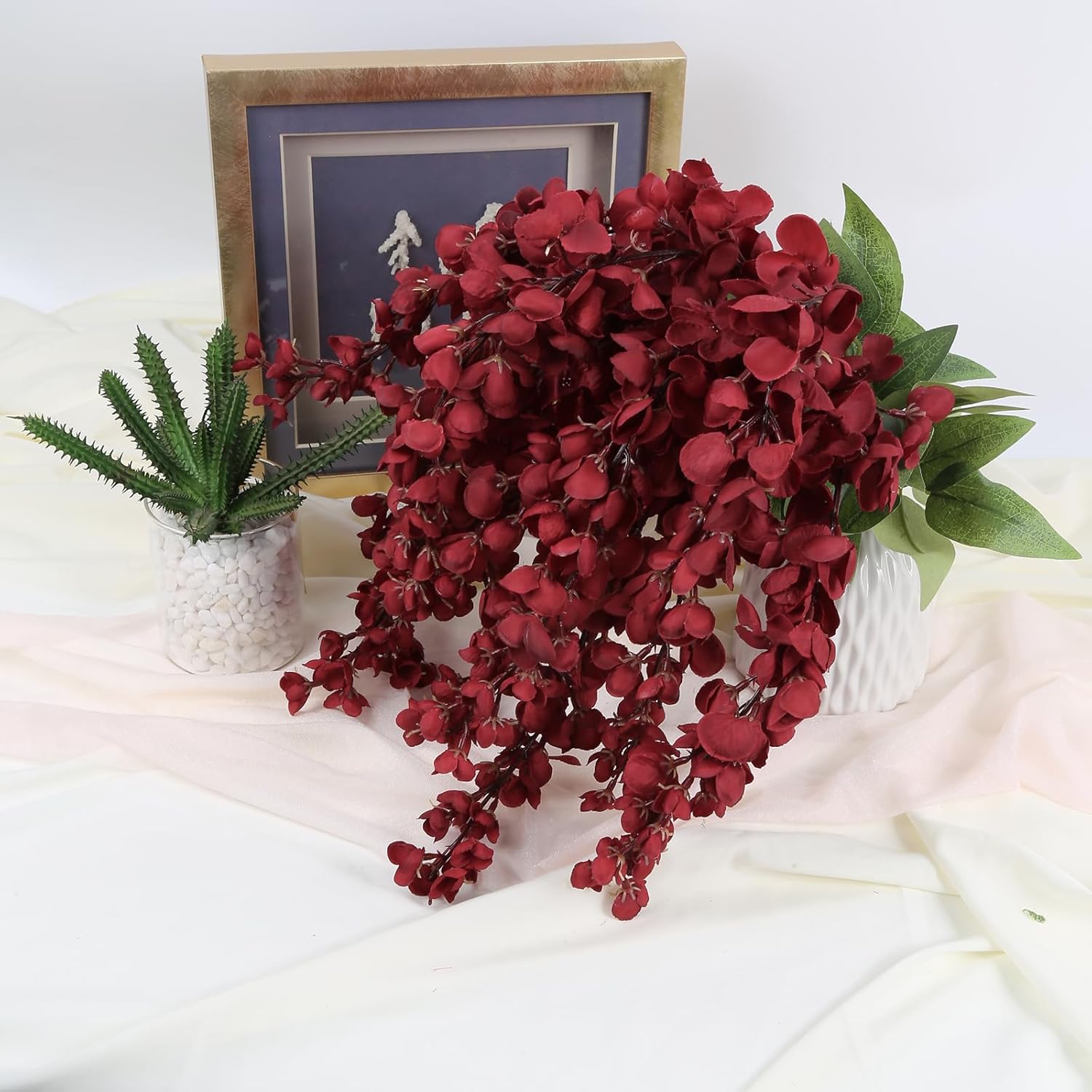 IPOPU Fake Silk Wisteria Flower 4PCS Artificial Red Wisteria Hanging Flowers Outdoors 23.6inch Faux Hanging Flower for DIY Indoors/Outdoors Wedding Wall Arch Party Decor(Red) - Image 2