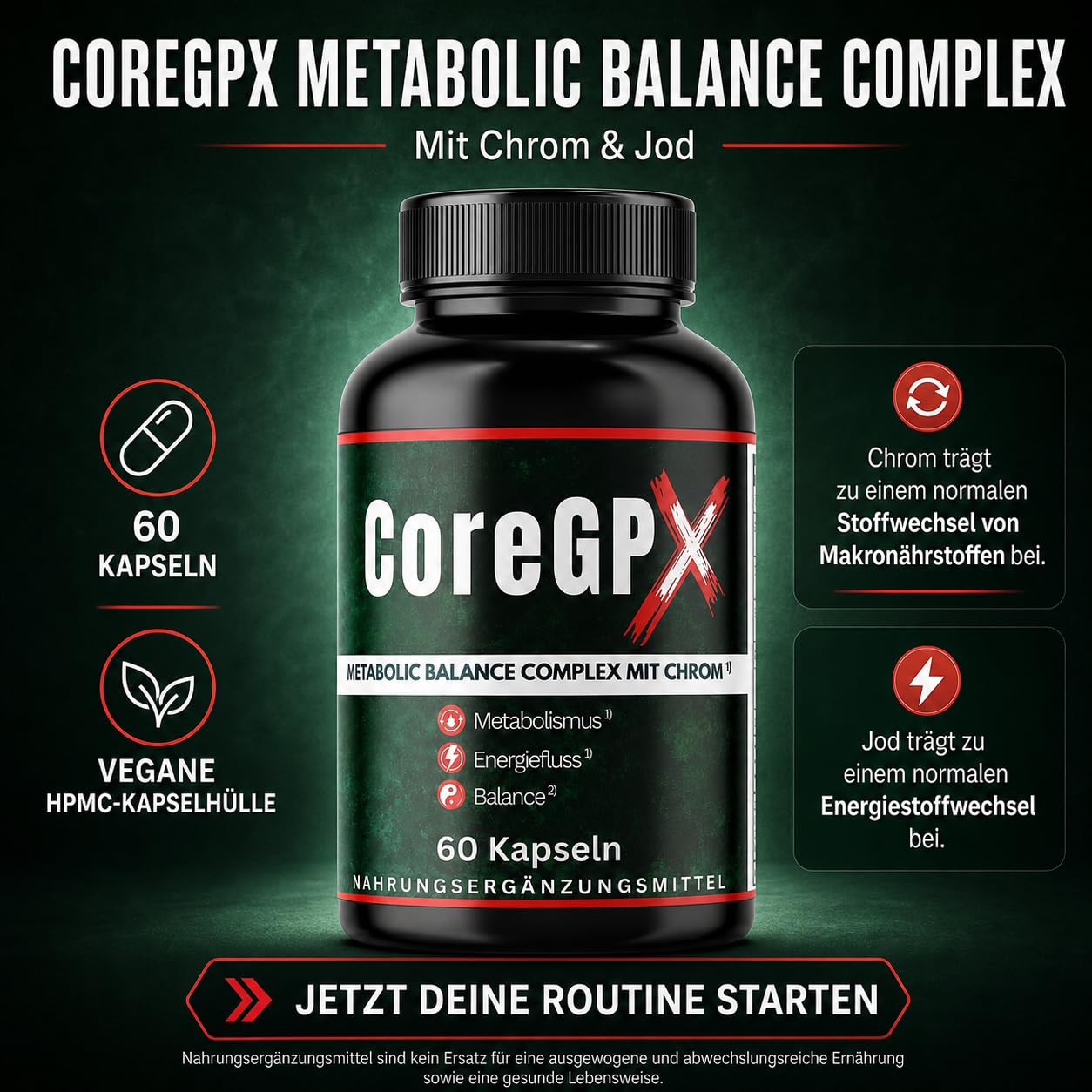 Core GPX Original von ZENICAPS – 60 Stoffwechsel Kapseln mit Chrom & Jod – Chrom für normalen Makronährstoffwechsel, Jod für Energiestoffwechsel – mit Grüntee, grünem Kaffee, L-Carnitin & L-Tyrosin
