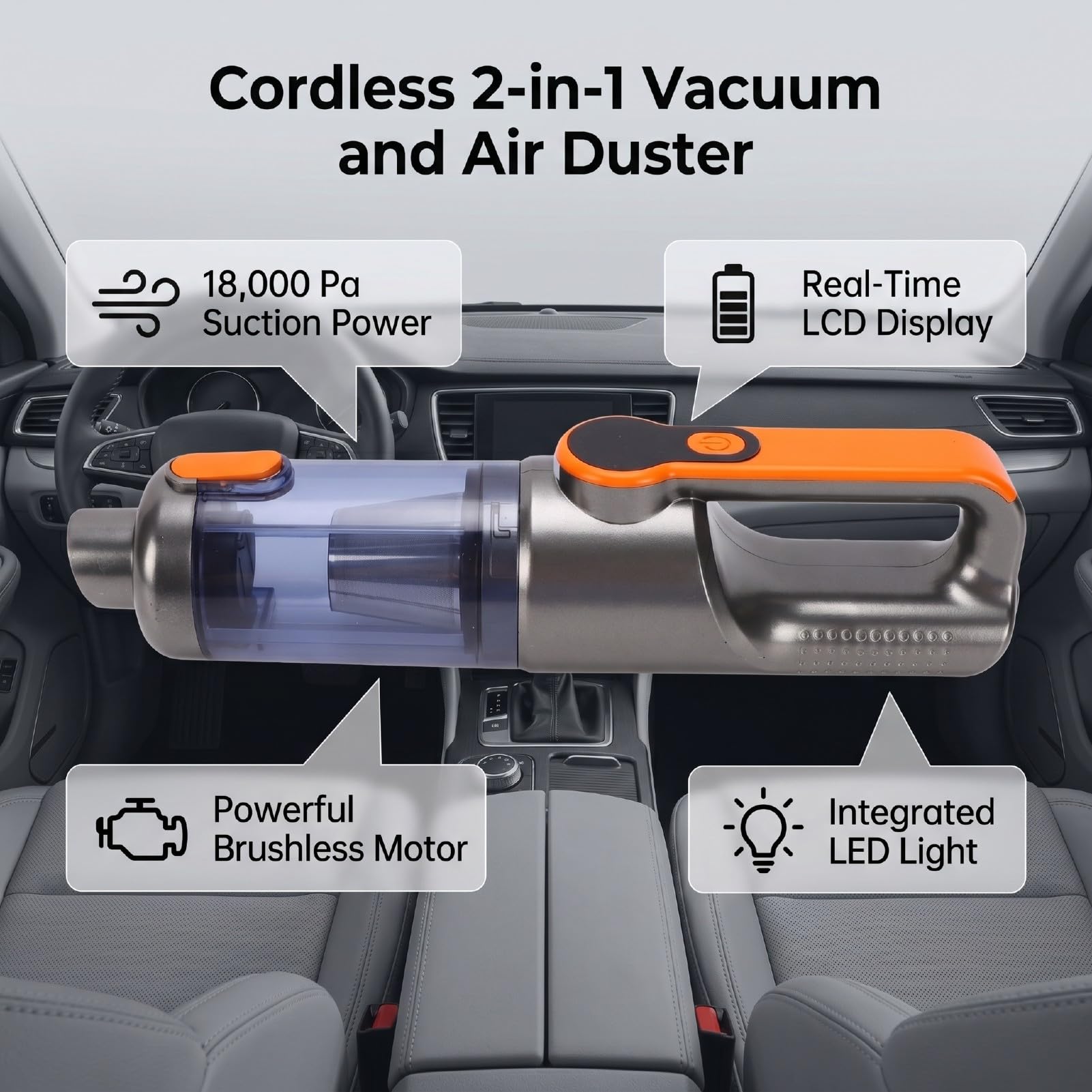 Aspirapolvere Auto Senza Fili, Aspirabriciole Portatile con Motore Brushless e Aspirazione 18000Pa, 2 in 1 Soffiatore Ad Aria, Autonomia 35 Min Display LCD Luce LED for Auto di (ORANGE)