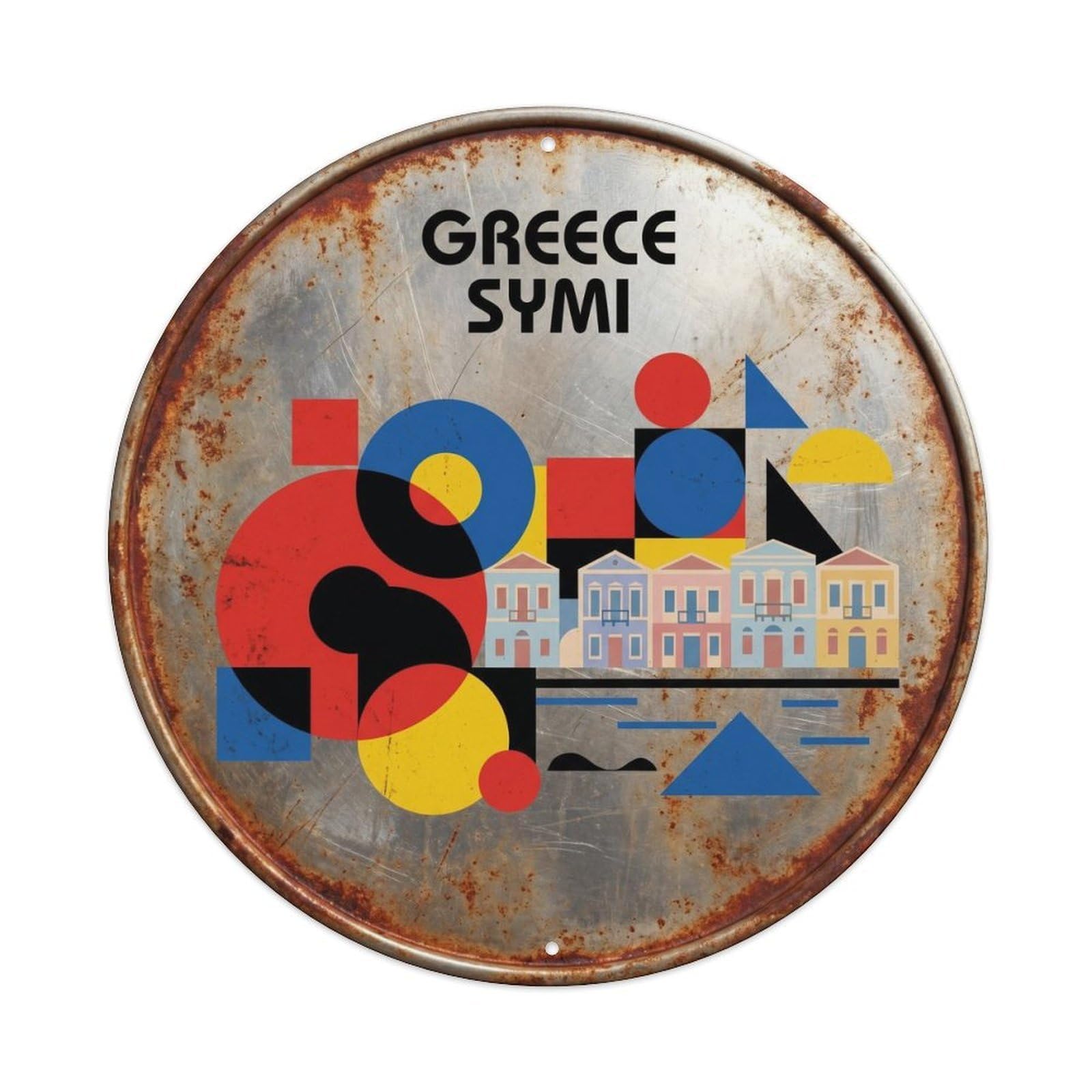 Symi Harbor Greek Geometric Landmark Travel Metal Tin Sign