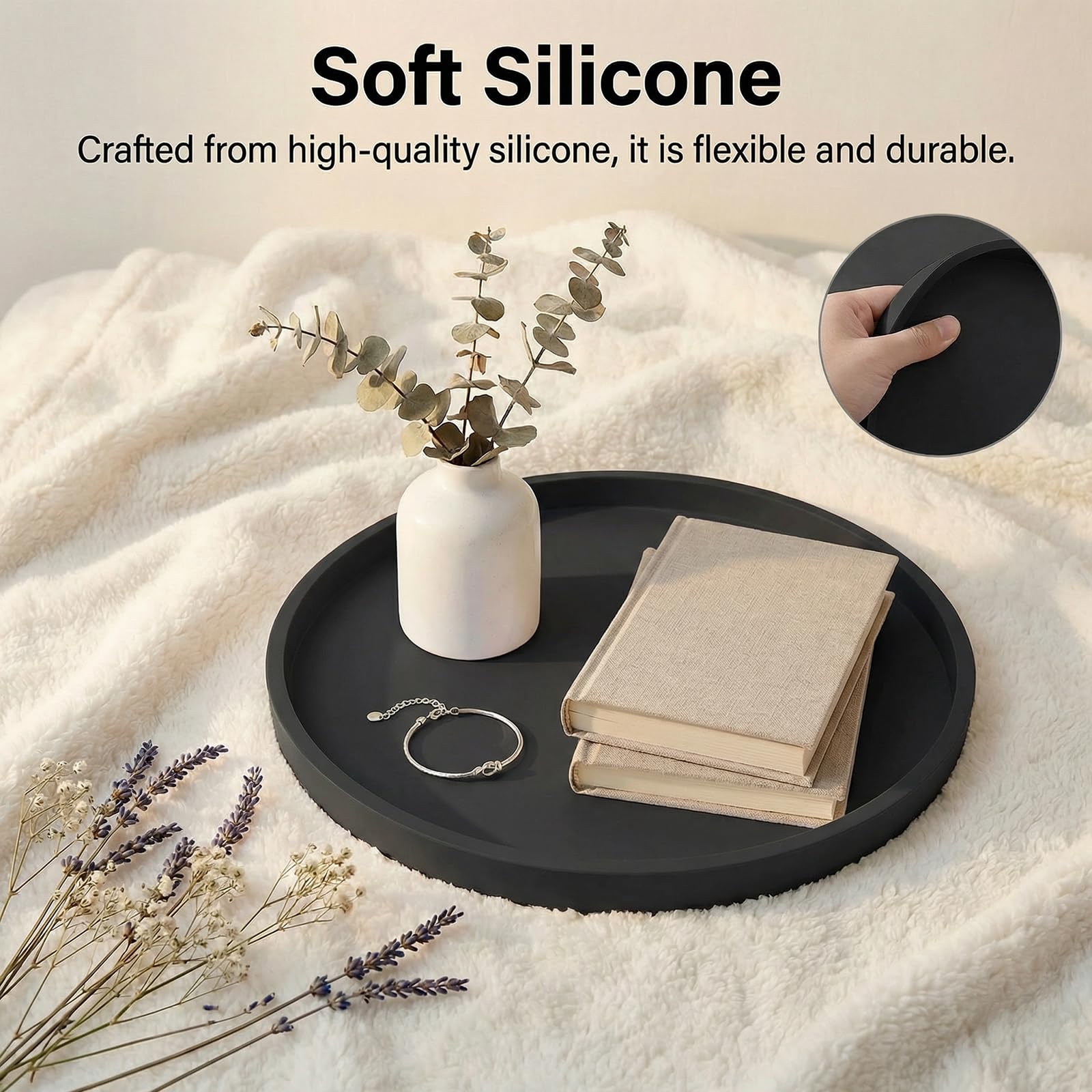 Vassoi decorativi in silicone, vassoio cosmetico da tavolo, vassoio decorativo da toeletta da 27 cm, rotondo antiscivolo, facile da pulire e infrangibile, per profumi, cosmetici (nero) - 2