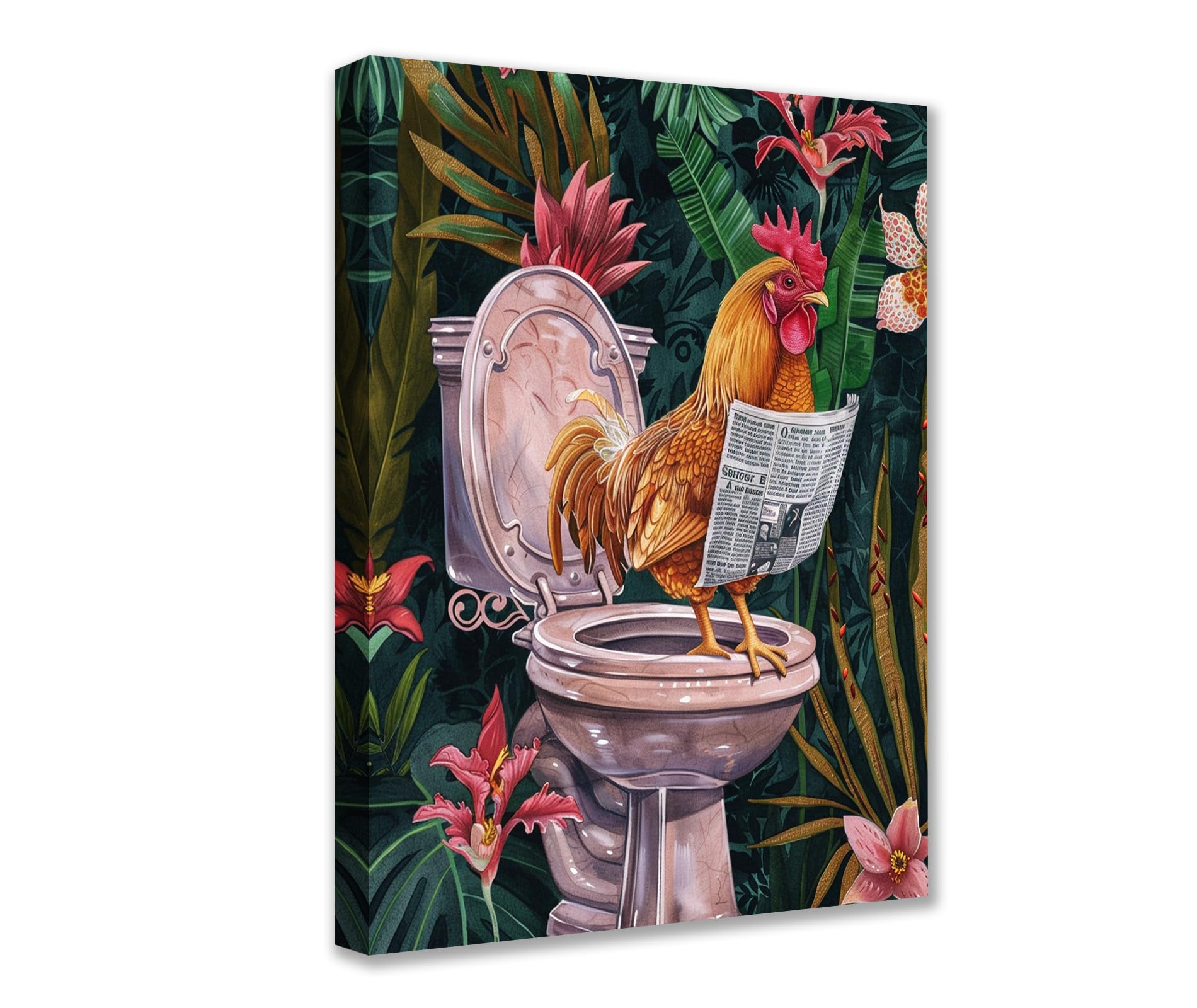 Funny Chicken on Toilet Canvas Wall Art Animal Read Newspaper Picture 1P Tropical Plant Posters Prints Cute Modern Artwork for Living Room Bedroom Home Decor Framed Gallery-Wrapped Ready to Hang