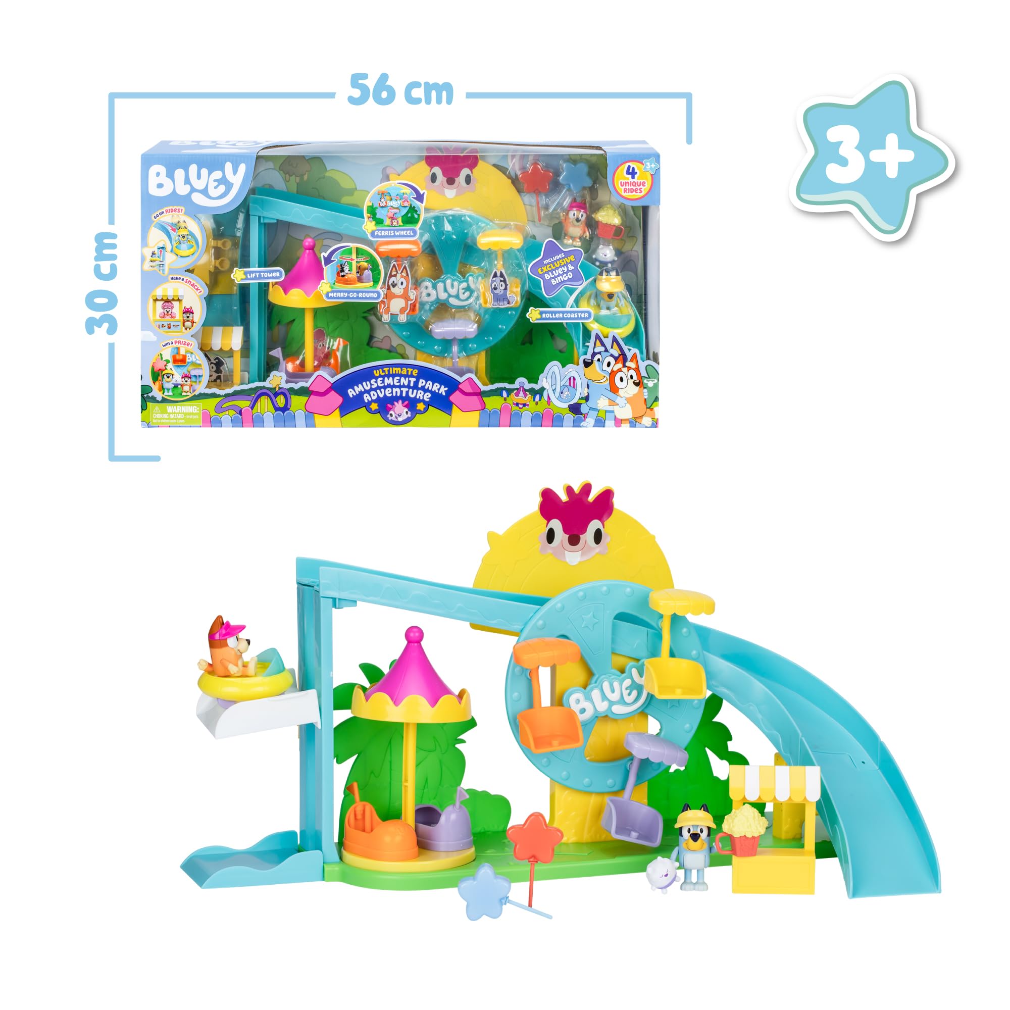 Bluey - Theme Park, Parque Temático, Parque Acuático con 2 Toboganes y Accesorios, Incluye Figurita Bingo, Puesto de Piruletas y Más, Famosa (BLY84000)