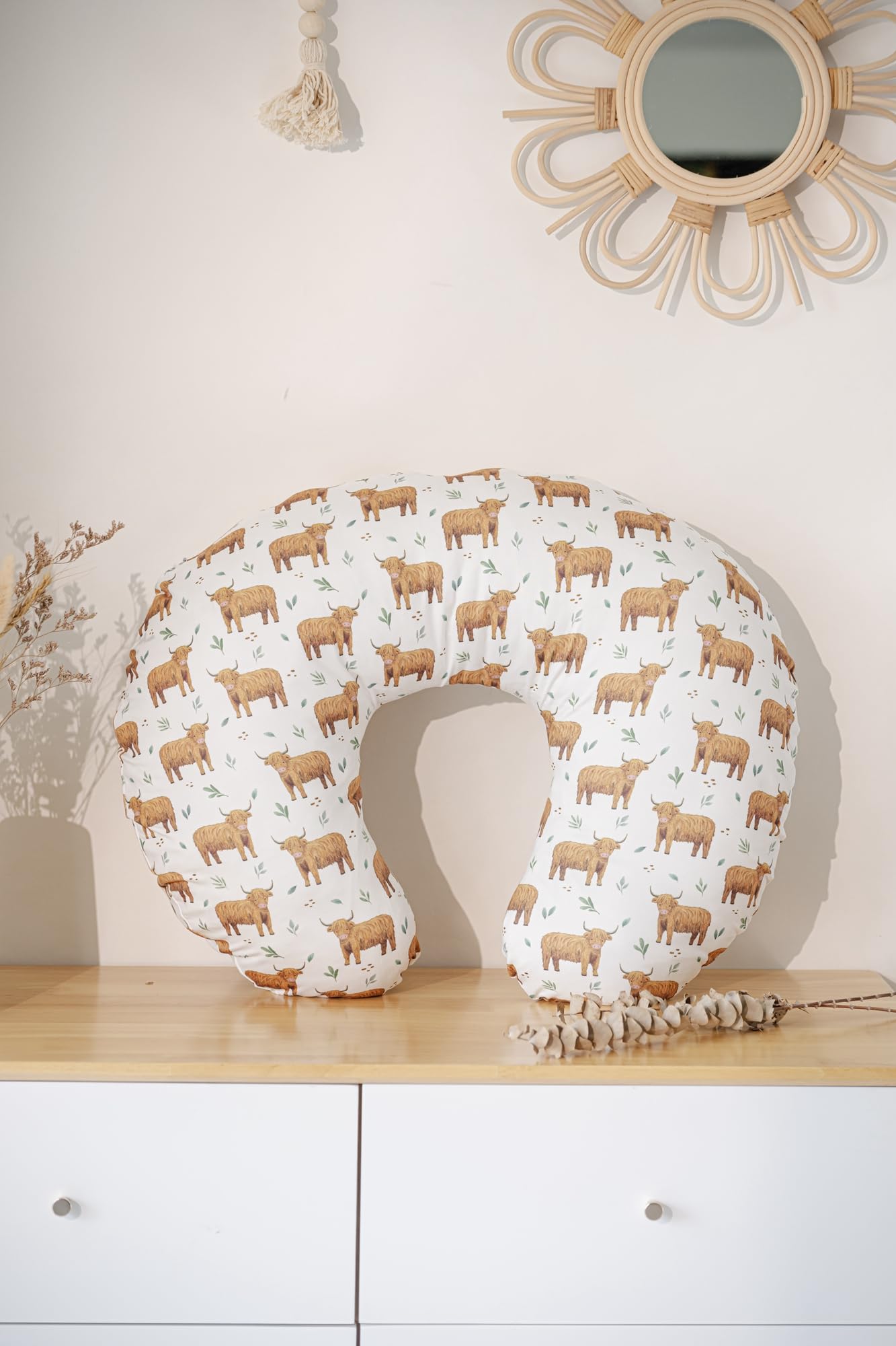 Western Cow Floral Nursing Pillow Cover - Watercolor Highland Cow Pattern, Removable, 18x22x6 Inches