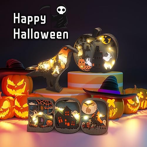 Miniatura 7 de Letrero de madera para Halloween, adornos de madera tallada con luces LED, lámpara decorativa de madera para decoración de fiesta de mesa