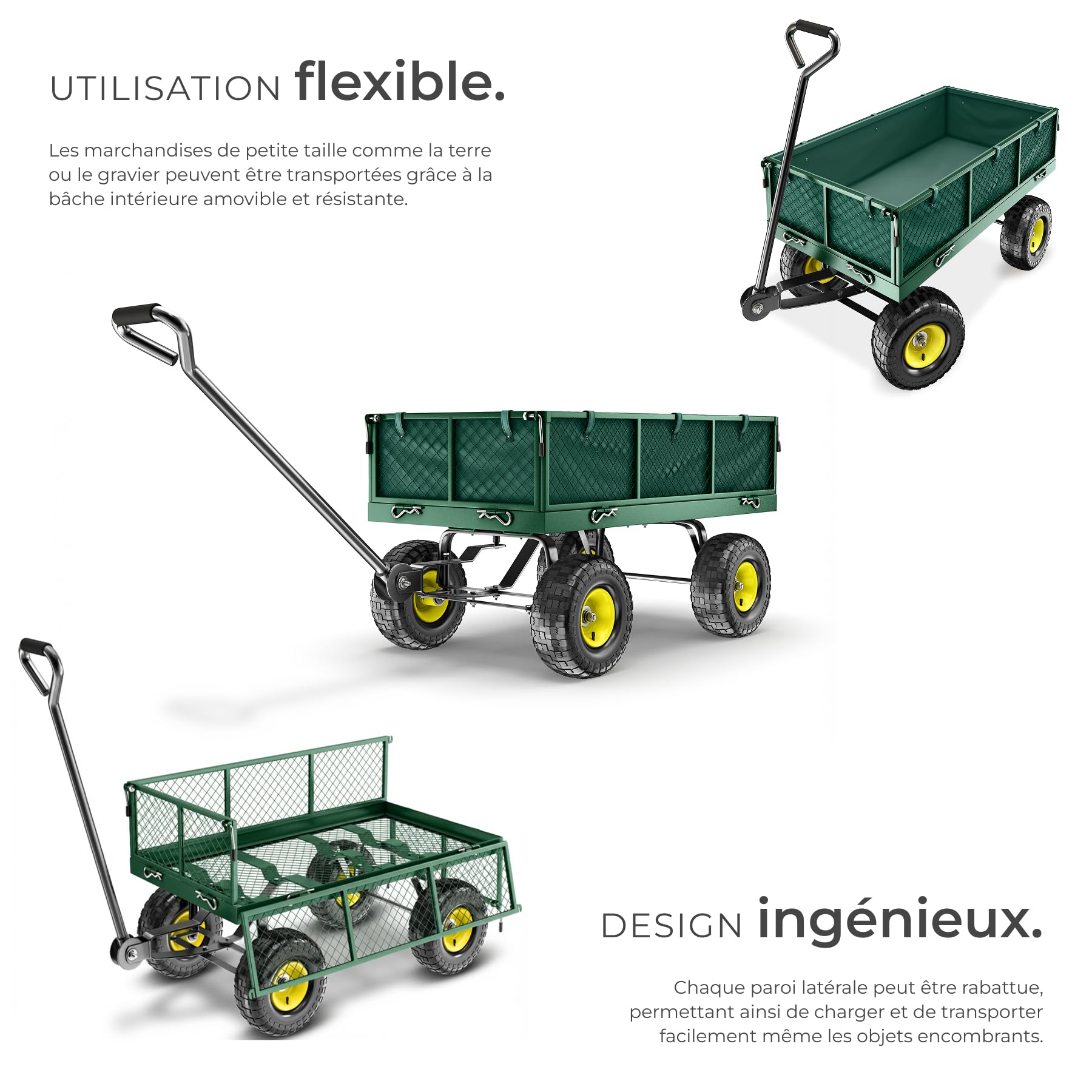 tectake® Chariot de Transport Chariot à roulettes de Jardin Remorque à Main Charrette à Bras Capacité 350kg avec Parois latéraux rabattables et Bâche pour Bois de chauffage Courses Plage Pêche Camping