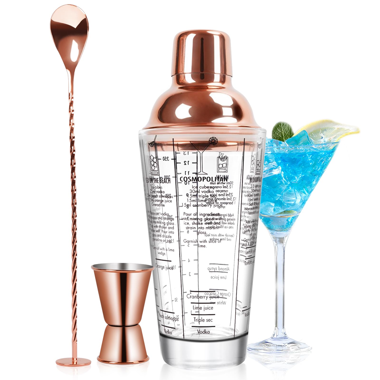 14oz Glas Cocktail Shaker Set, Margarita Mixer Shaker mit eingebautem Sieb und Messbecher & Mischlöffel Set, Professionelles Barwerkzeug-Set für Barkeeper und Anfänger (Rose-Kupfer, 3PCS)