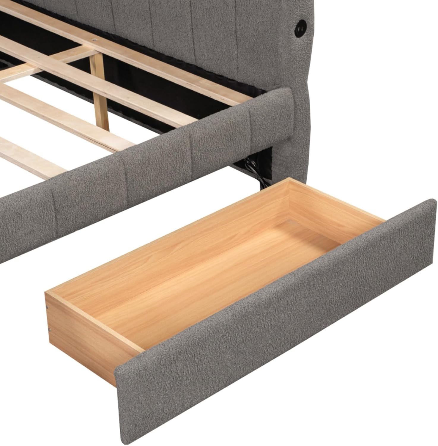 Queen Size Upholstered Platform Bed with 2 Storage Drawers and USB-Ports, Lambswool Fabric Sleeper Sofa Day Bed for Living Room, Morden Design Line Decoration, Gray