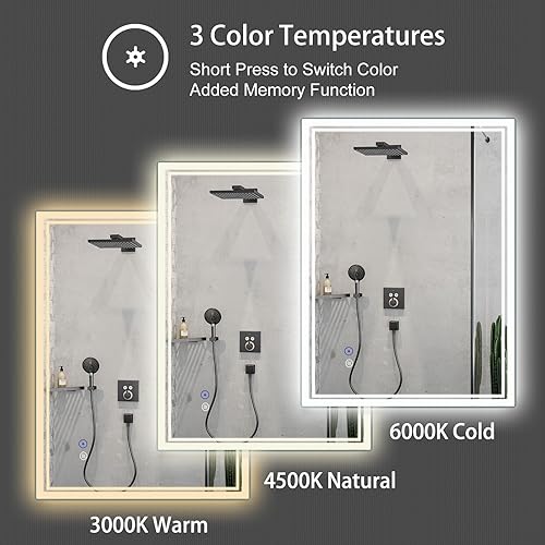 Miniatura 4 de Espejo de baño LED, 28 x 20 pulgadas, espejo de tocador iluminado frontal y retroiluminado, antiniebla, regulable, 3 colores CRI90, espejo LED