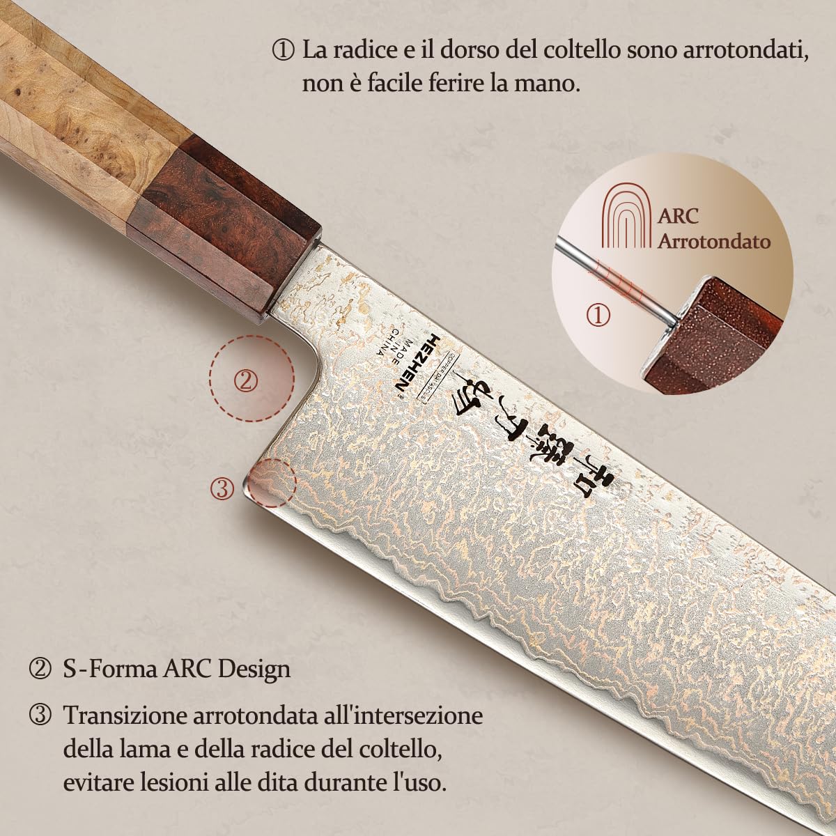 HEZHEN Coltello da Kiritsuke Damasco, Coltello da Cucina in Acciaio Damasco Coltello da Bunka, Manico Ottagonale in Legno
