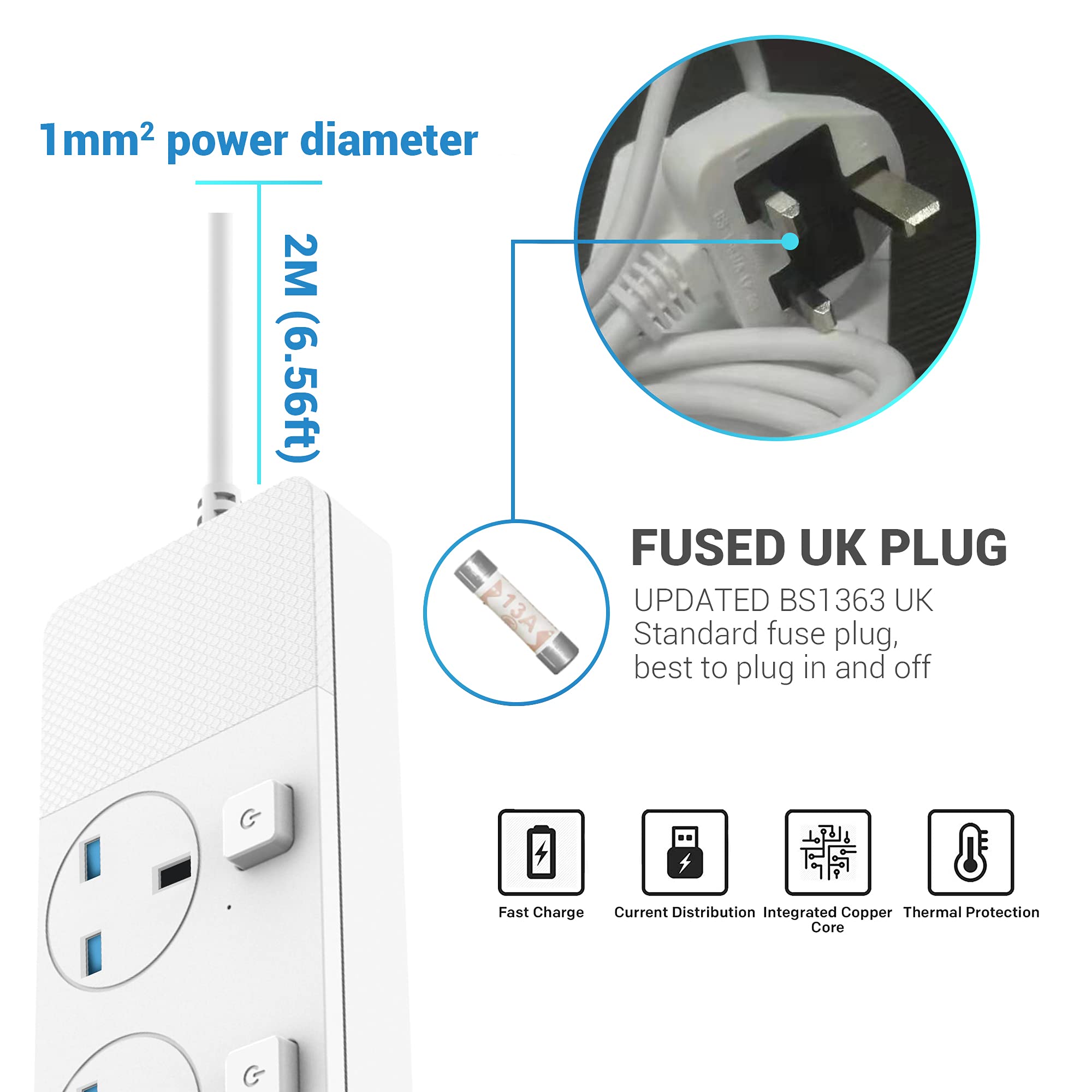 iBlockCube Extension Lead with 3 USB Slots 2 Meter Cable Cord Power