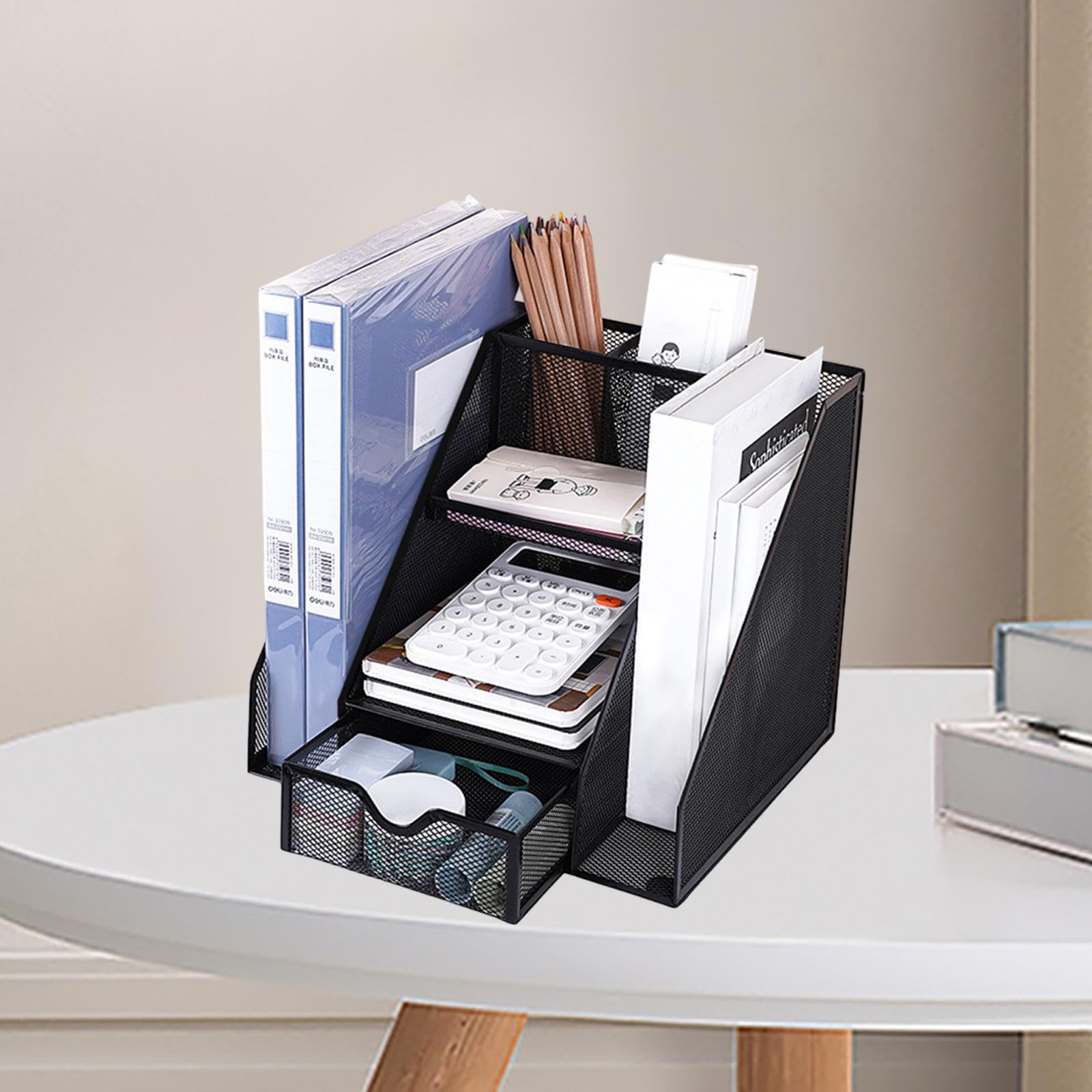Organizzatore Documenti Scrivania con Cassetto Metallo Multi Scomparti Ripiano Portadocumenti Stabile Adatto per Ufficio Scuola Casa, Drawer in The Middle