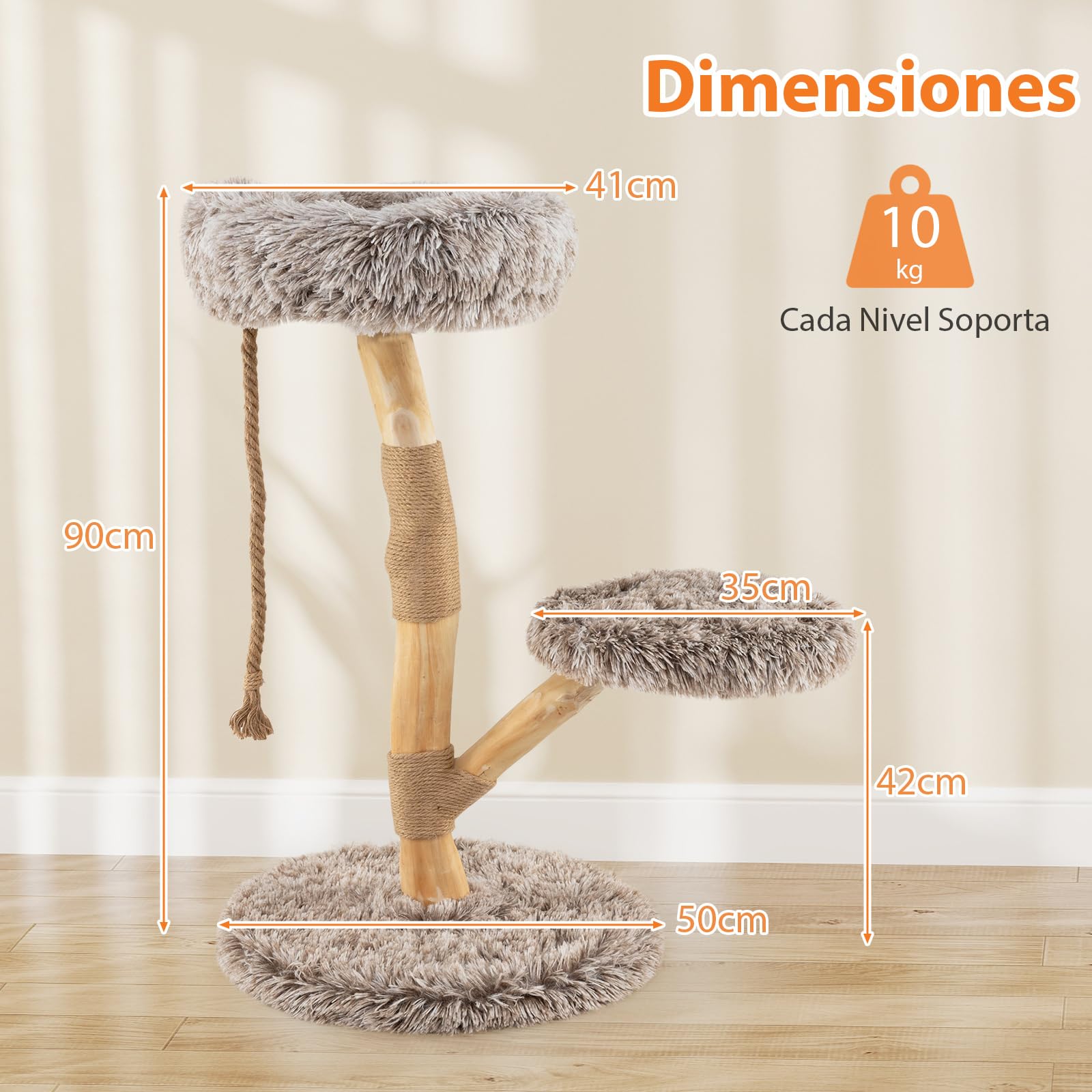 COSTWAY Árbol Rascado para Gatos de 90cm, Torre Rascador con Plataformas, Cuerda de Yute y Postes de Sisal, Torre de Escalada para Gatos en Interior de Madera para Descansar, Jugar y Afilar (Gris)