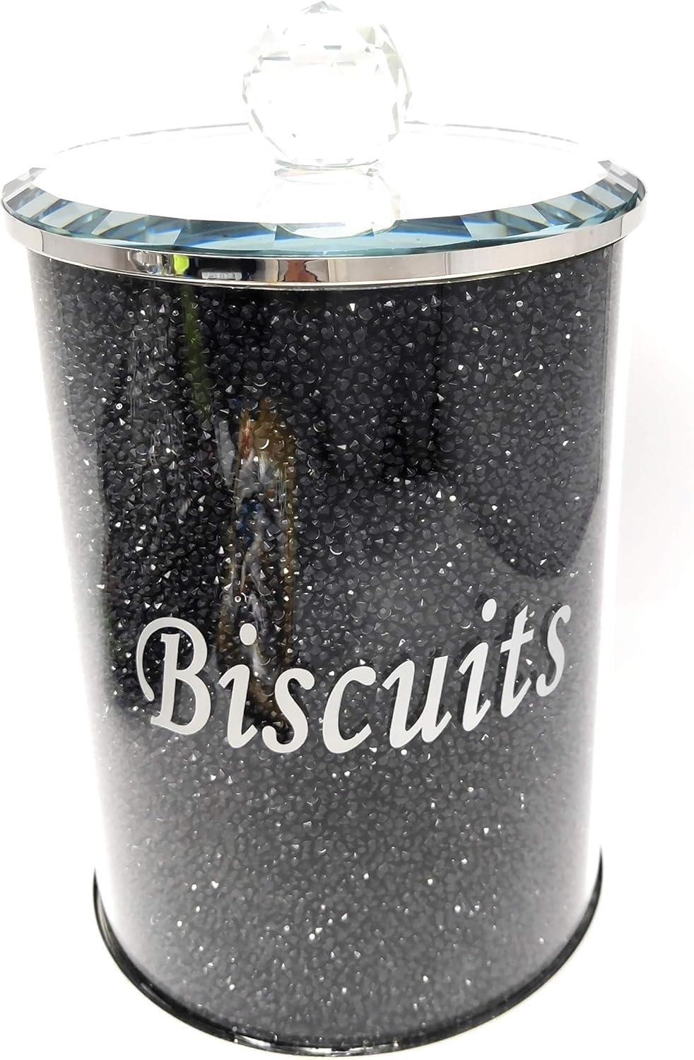 SHABJY Diamond Crushed Biscuit Cookies Canister Jar Tin, Silver Trimmings, Crystal Filled, 22cm, Black