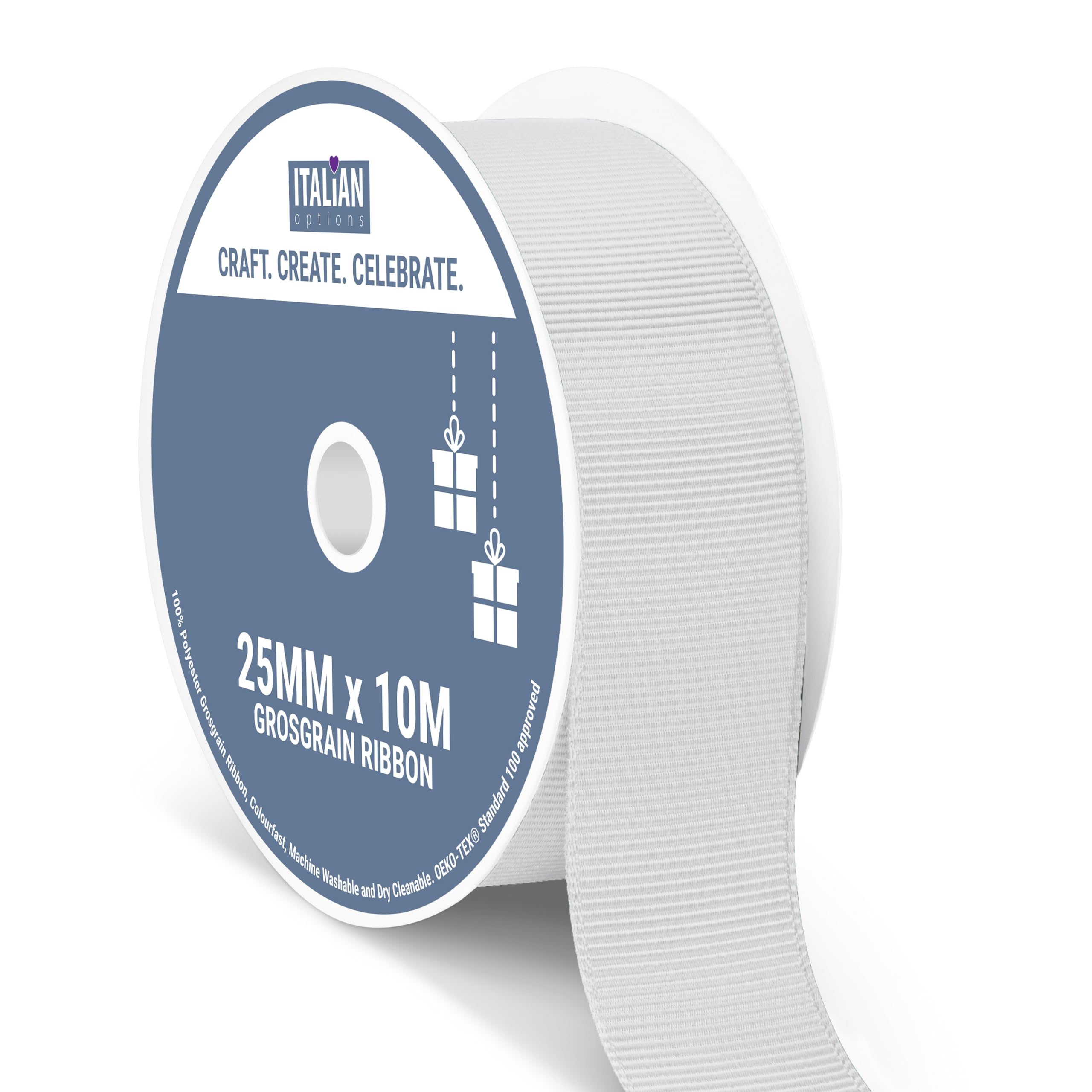 Italian Options Grosgrain Ribbon 25mm, Strong Plain Silver Ribbon for Bows, Wedding, Crafting, Sewing, Hair Accessories, Gift Wrap, 25 mm x 10 Metre Roll, Silver
