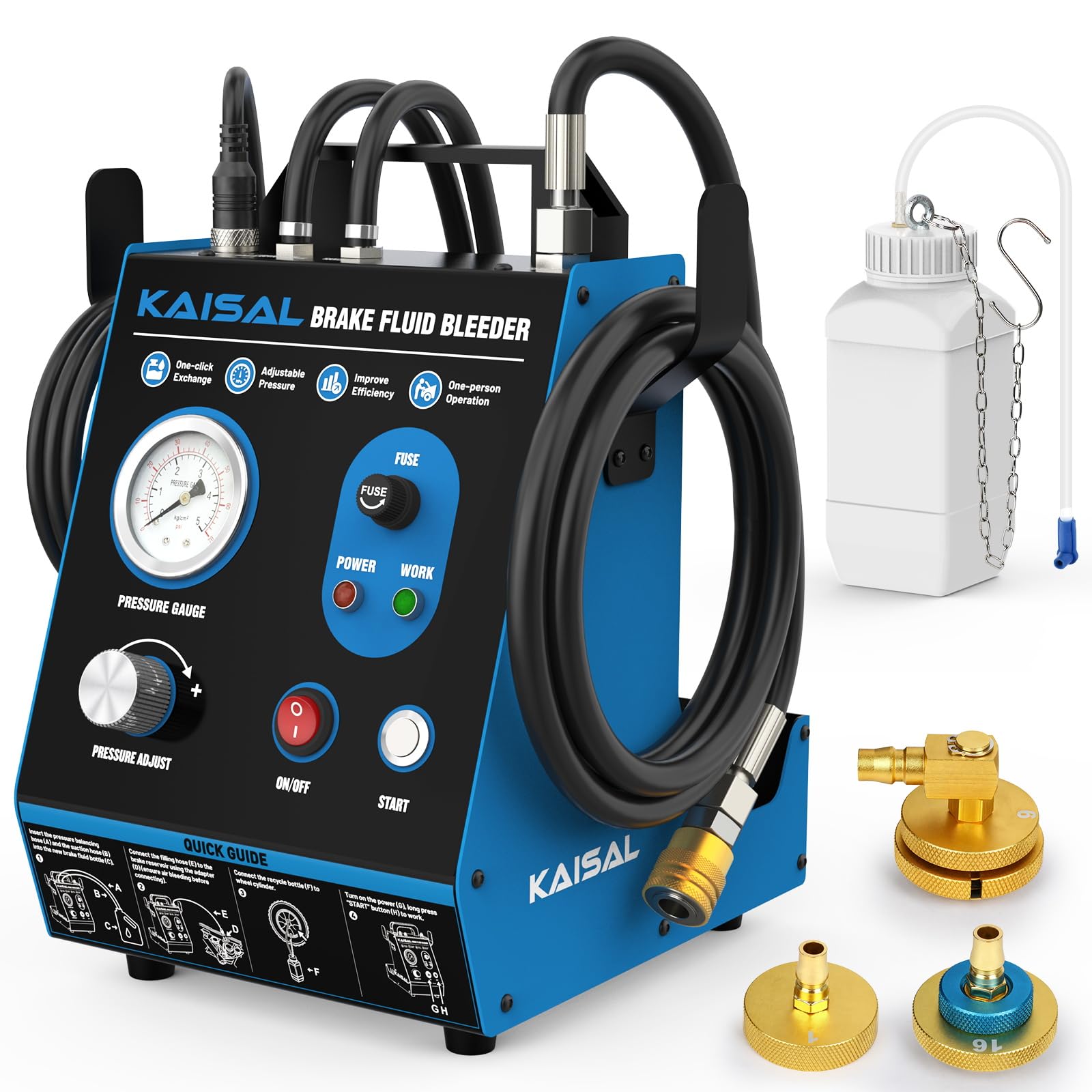 KAISAL Purgador de Frenos Eléctrico, 220V Pulso Brake Bleeder Kit, Máquina Automatizadas para Cambio de Líquido de Frenos de Coche, Protección contra Baja Presión de Aceite, 3 Adaptadores