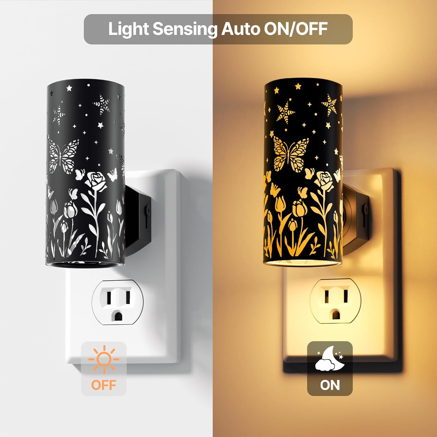 LED Night Lights Plug into Wall, 2-Pack 3000K Bright Plug in Nightlights, Dusk-to-Dawn, Dimmable 0-100LM, Auto-On/Off, Home Decor for Bedroom, Bathroom, Hallway, Kitchen, Black Butterfly