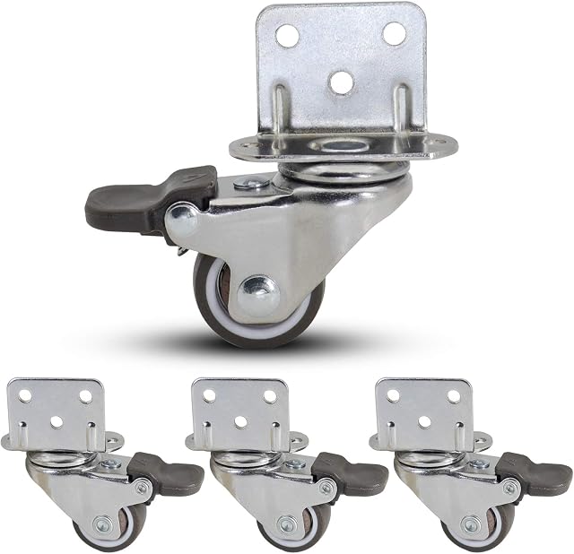 Casoter 1"(25mm) L-Clip Plate Swivel Caster w/Brake, 5 Holes Side Mount Plate for Narrow Install Place, TPE Rubber Wheel Move Silent Smooth Sturdy, 4 Pack Total Load Capacity 80Lbs/36Kg