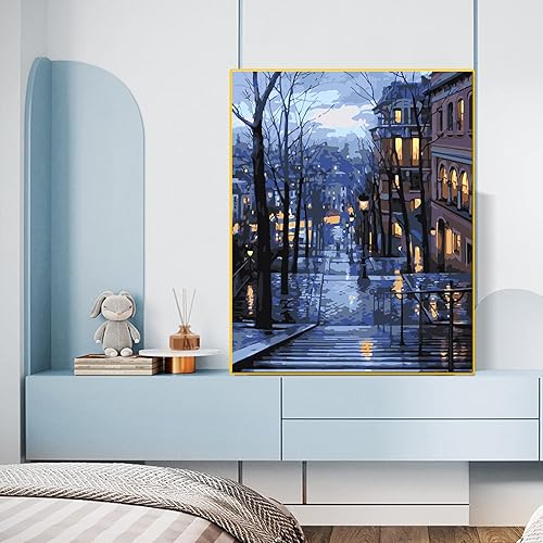 Miniatura 4 de QUITEDEW Pintura por números para adultos, pintura de ciudad por número, vista nocturna, pintura al óleo, paisaje de calle, adecuado para decoración
