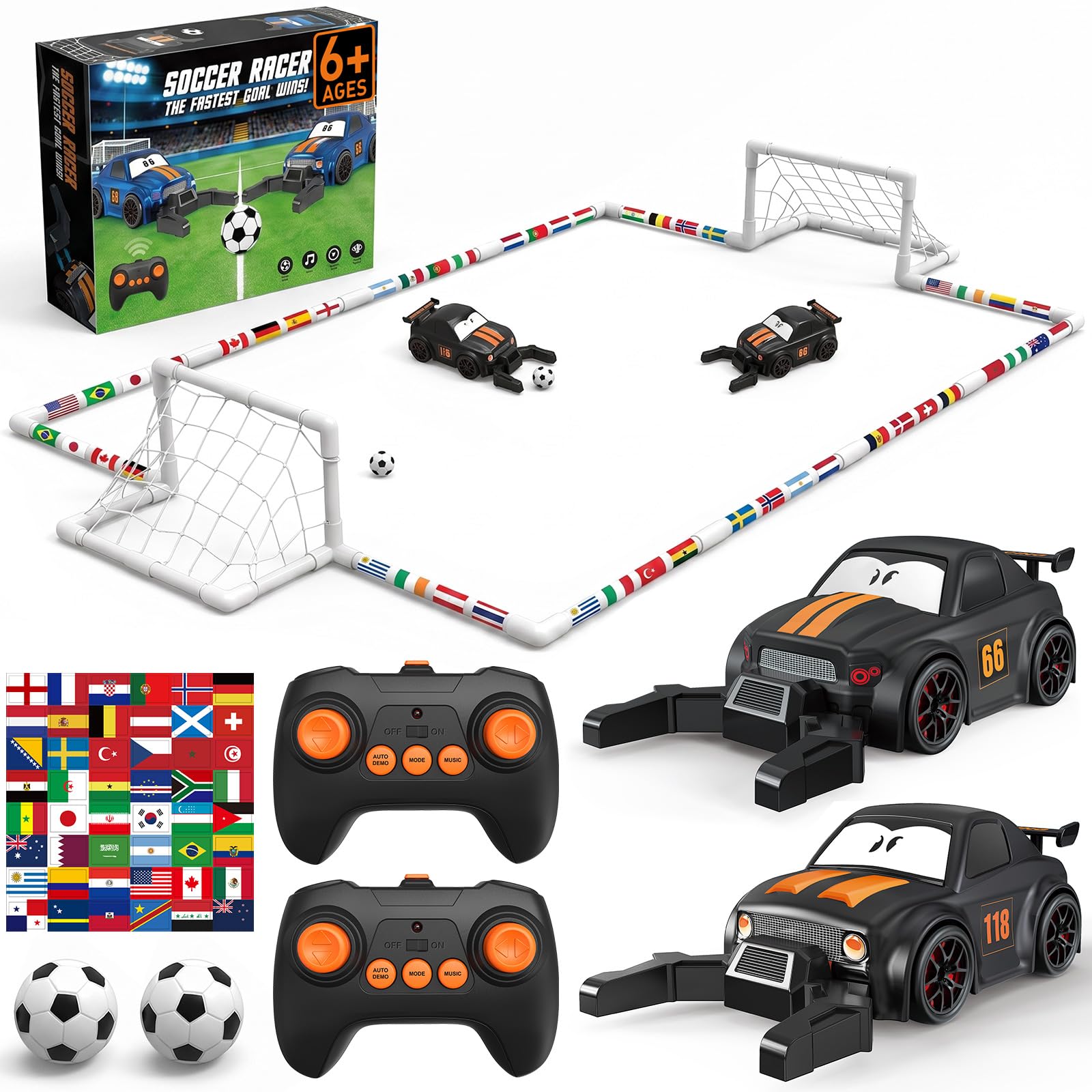 GizmoVine Voiture Télécommandée Enfant, Set Football RC 2 Joueurs avec Arène, 2 Voitures 4 Roues Motrices 2,4 GHz, Dérapage 360°, LED et Musique