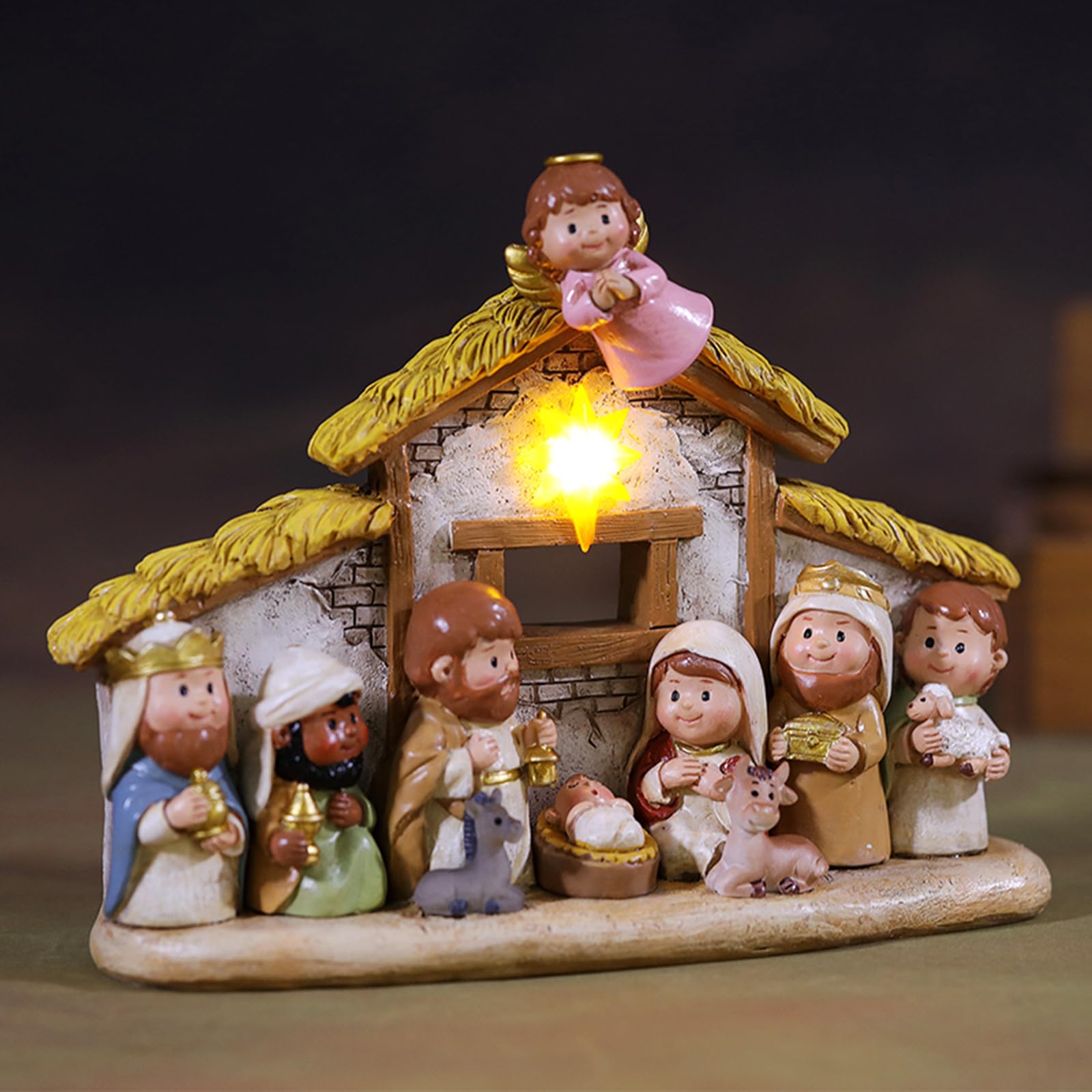 Fenteer Ensemble de Crèche de Noël en Résine Religieuse Miniature, Crèche de Noël, Polyrésine, Ornement de Dessin Animé avec Lumière, Décoration de Noël