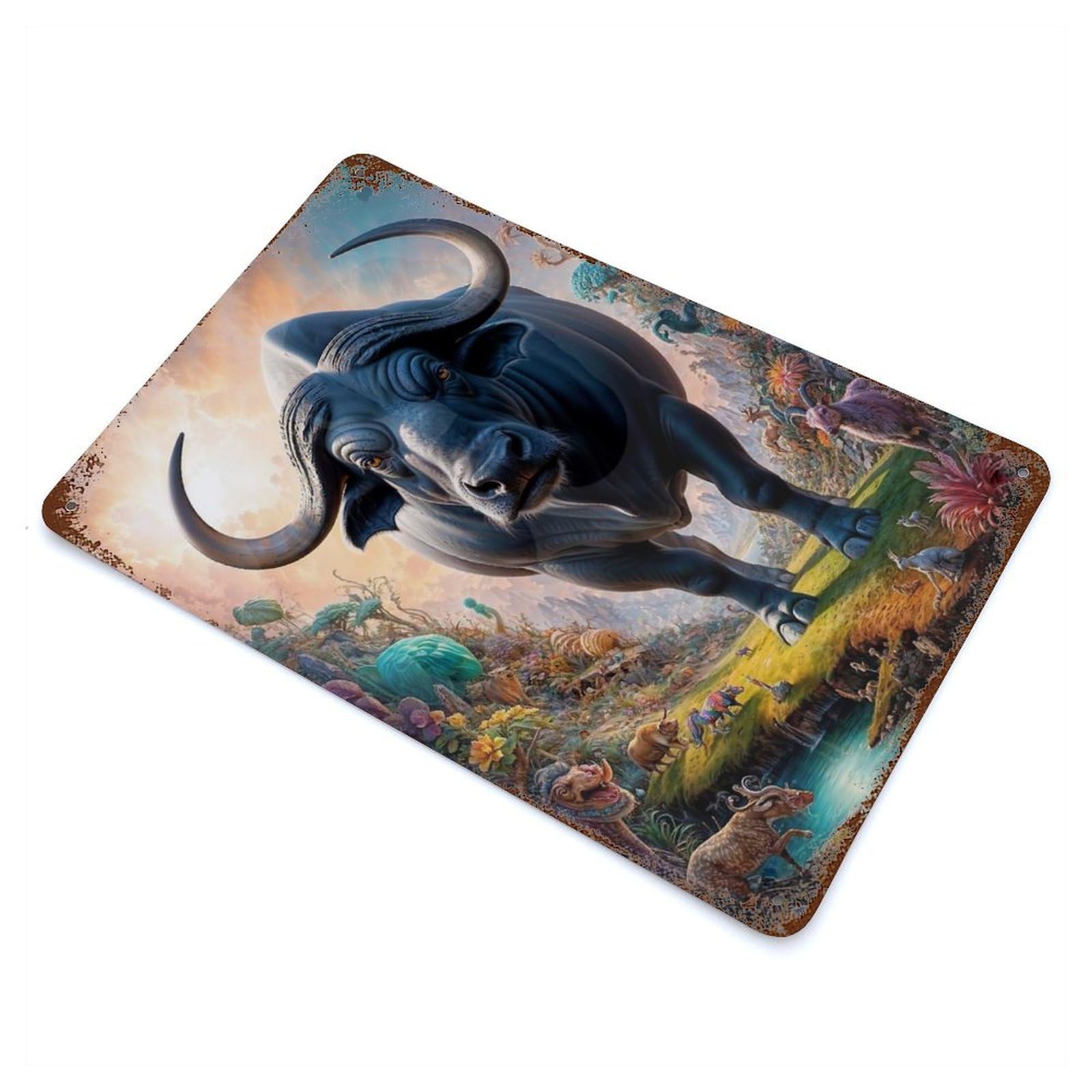 Whimsical Water Buffalo Rusty Metal Tin Sign 11.8"x7.9", for Shed, Workshop And Garage Wall Decor, Shabby Chic Decor